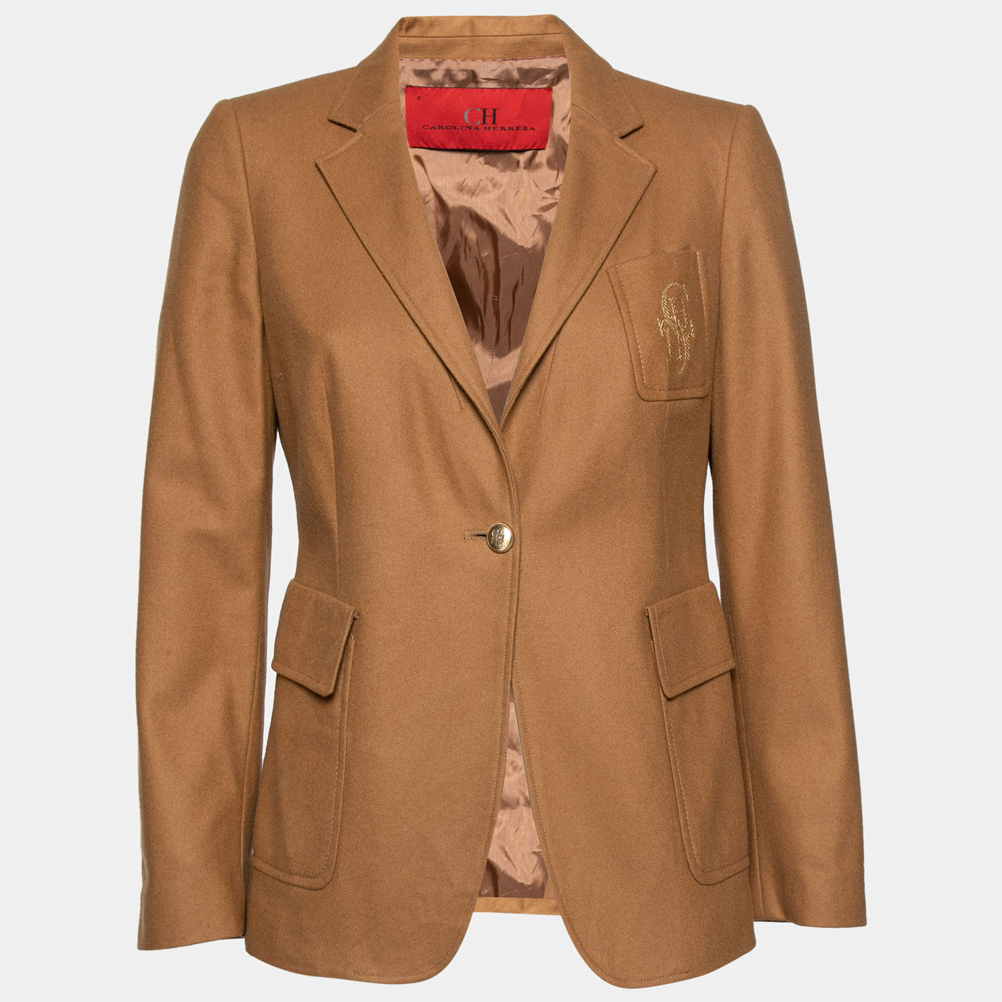 Pre Owned CH Carolina Herrera Camel Brown Wool Logo Embroidered Single Breasted Blazer M