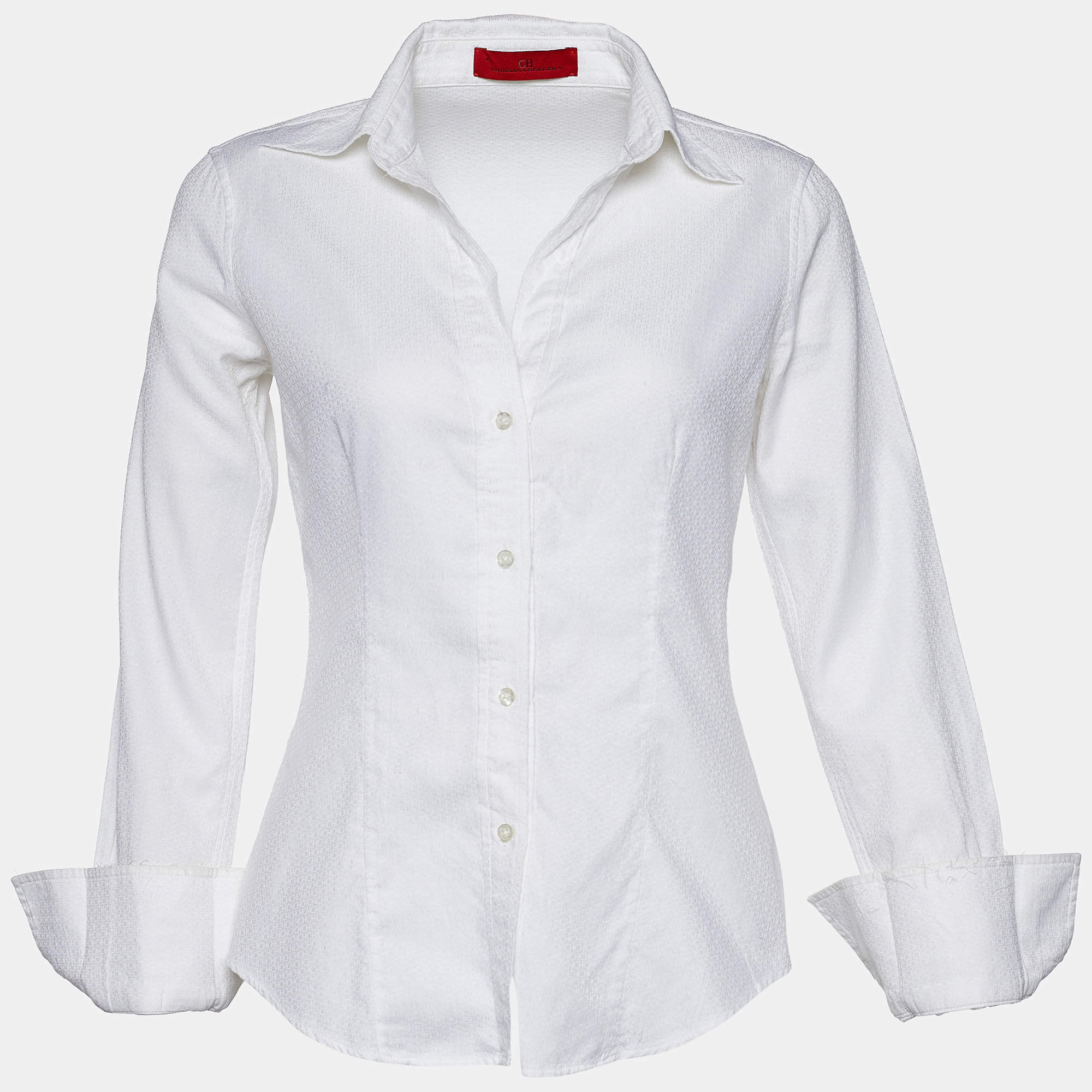 Pre Owned CH Carolina Herrera White Logo Jacquard Cotton Button Front Shirt S