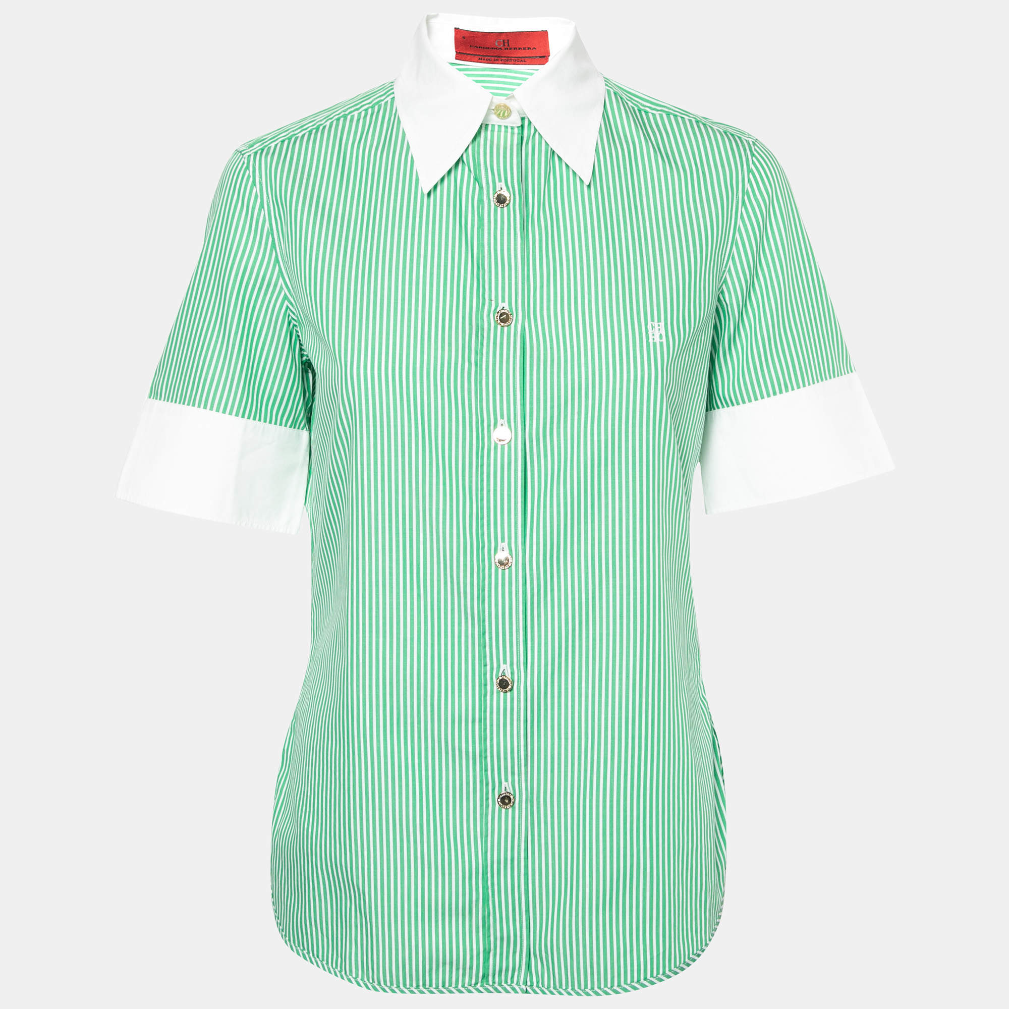 Pre Owned CH Carolina Herrera Green Striped Cotton Button Front Short Sleeve Shirt M