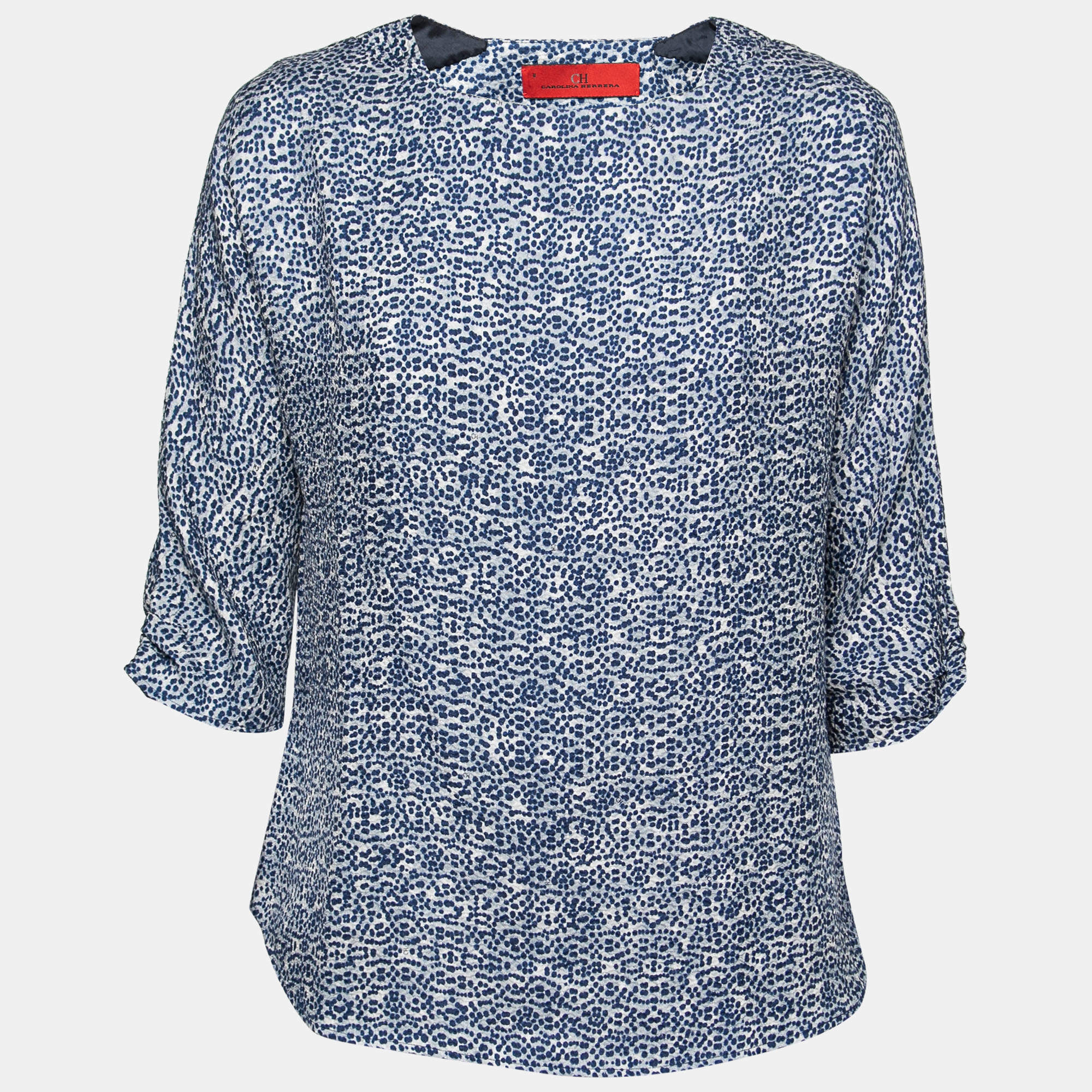 مملوكة مسبقًا CH Carolina Herrera Blue Printed Crinkled Silk Blouse M
