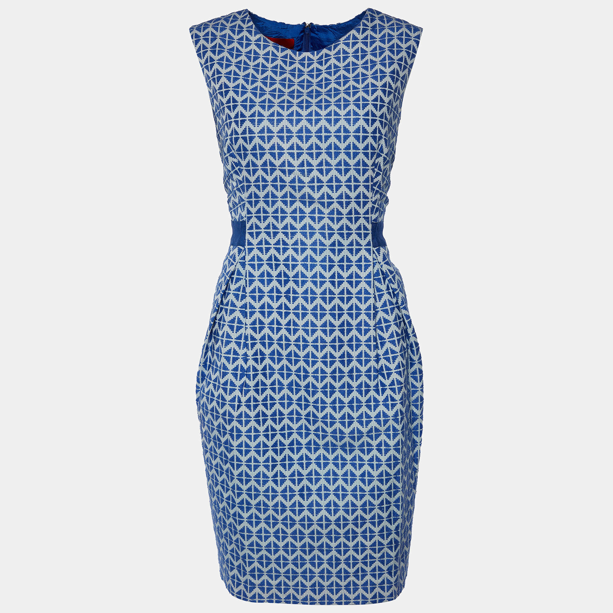 CH Carolina Herrera Blue & White Patterned Sleeveless Midi Dress L