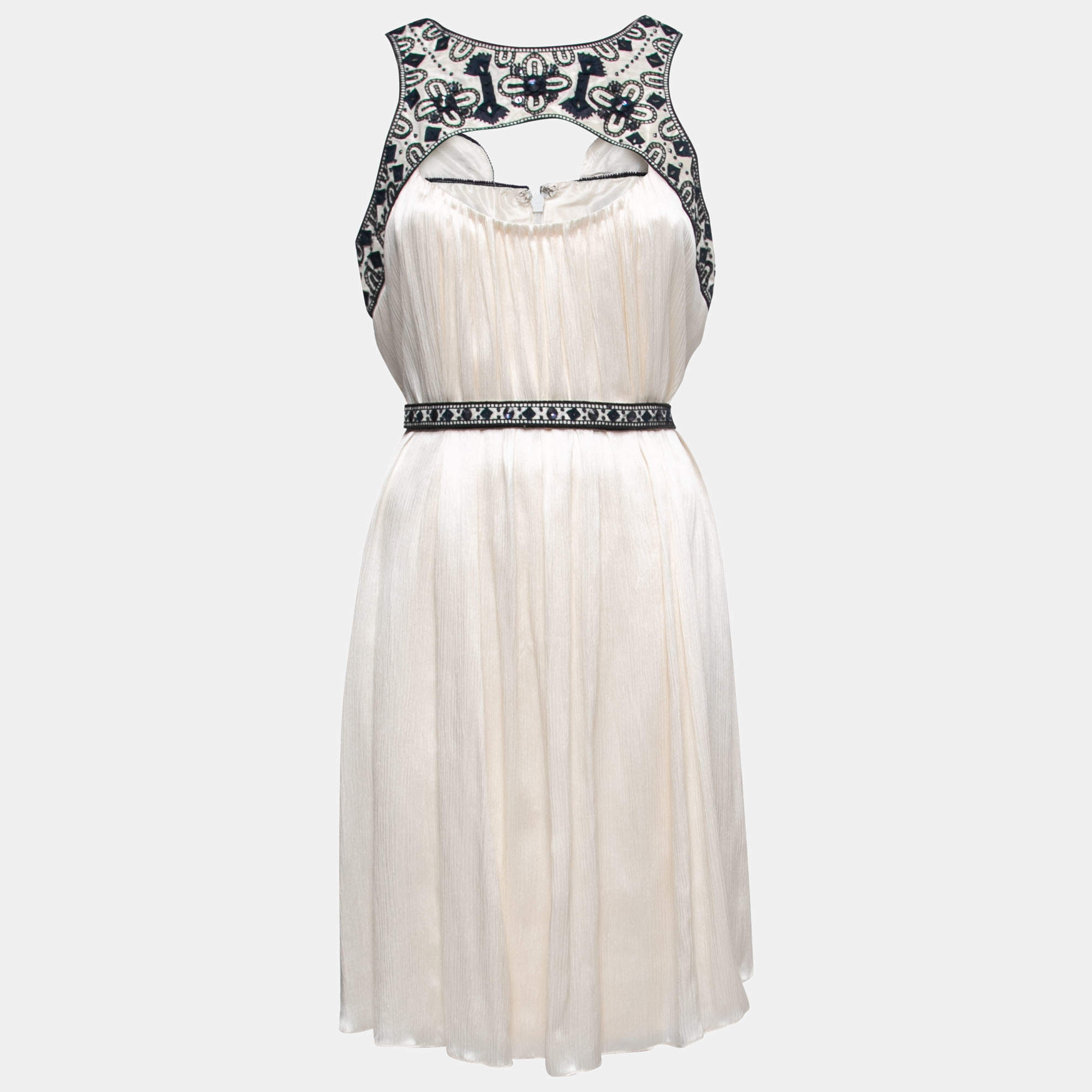 Pre Owned Carolina Herrera Cream Plisse Silk Embroidered Cutout Dress XL