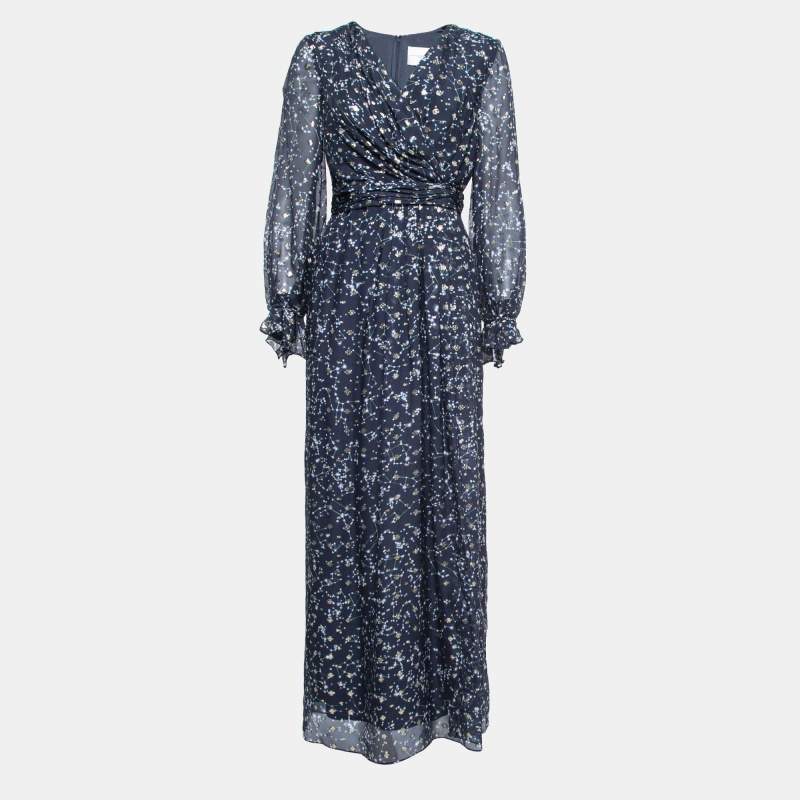 Pre Owned Carolina Herrera Navy Blue Printed Lurex Inset Silk Maxi Dress M