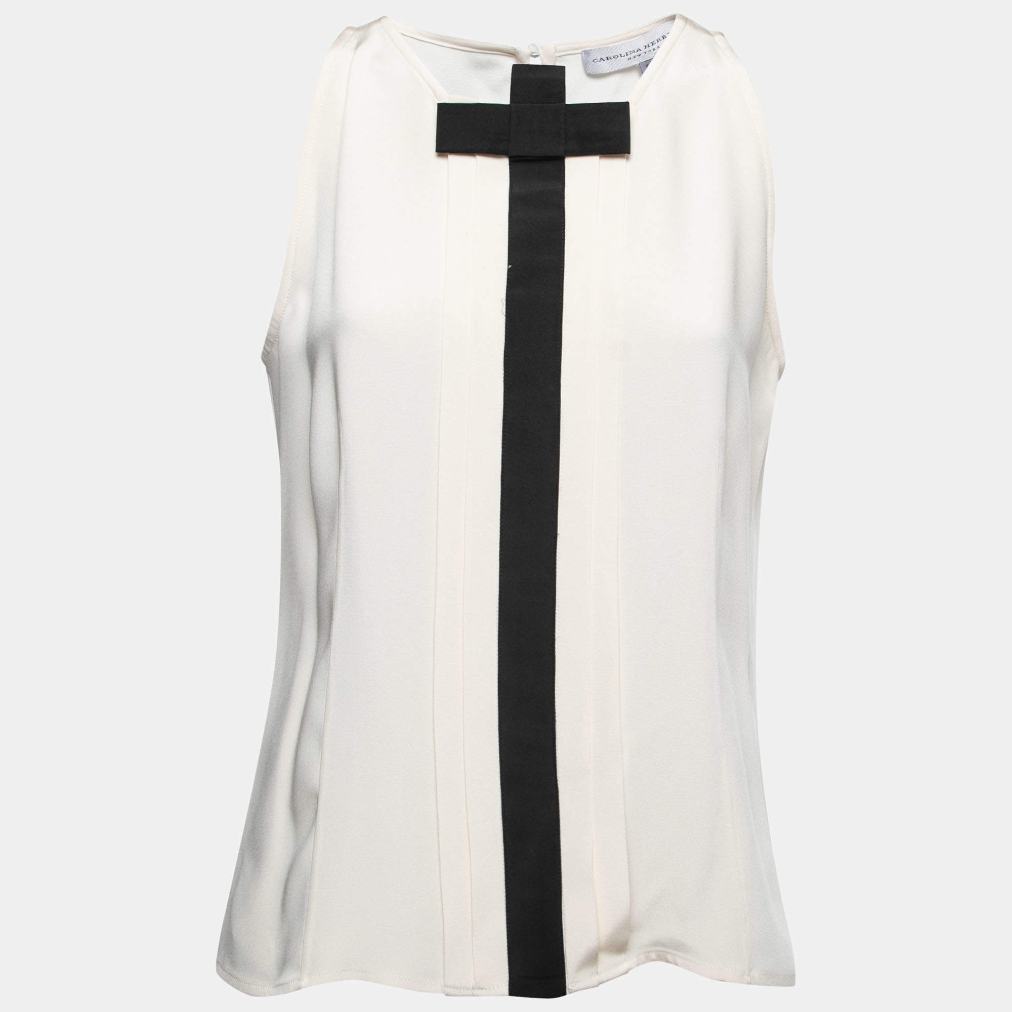 Carolina Herrera Cream Crepe Contrast Trim Sleeveless A-Line Blouse M