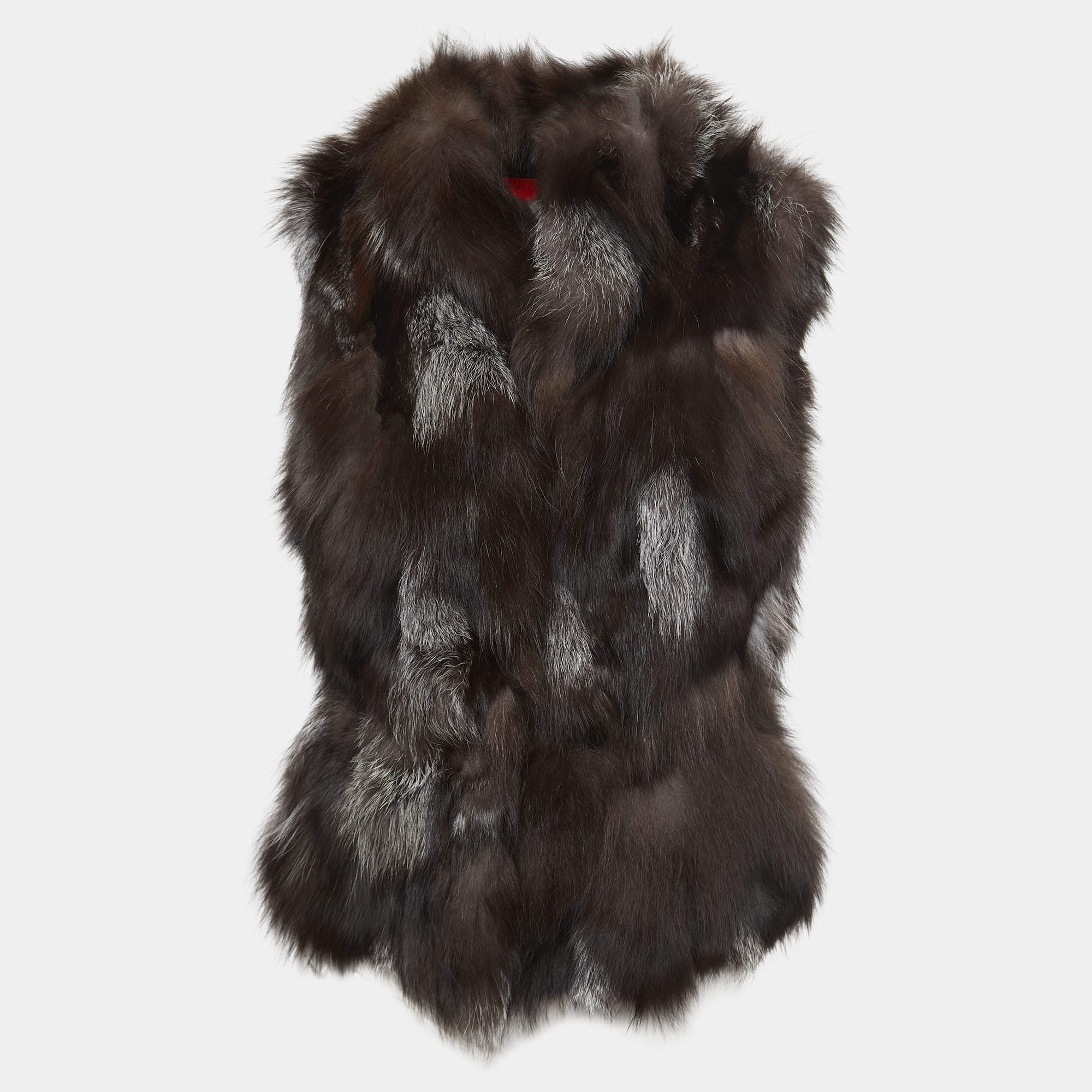 Pre Owned CH Carolina Herrera Brown Fox Fur Sleeveless Hook Front Jacket XS