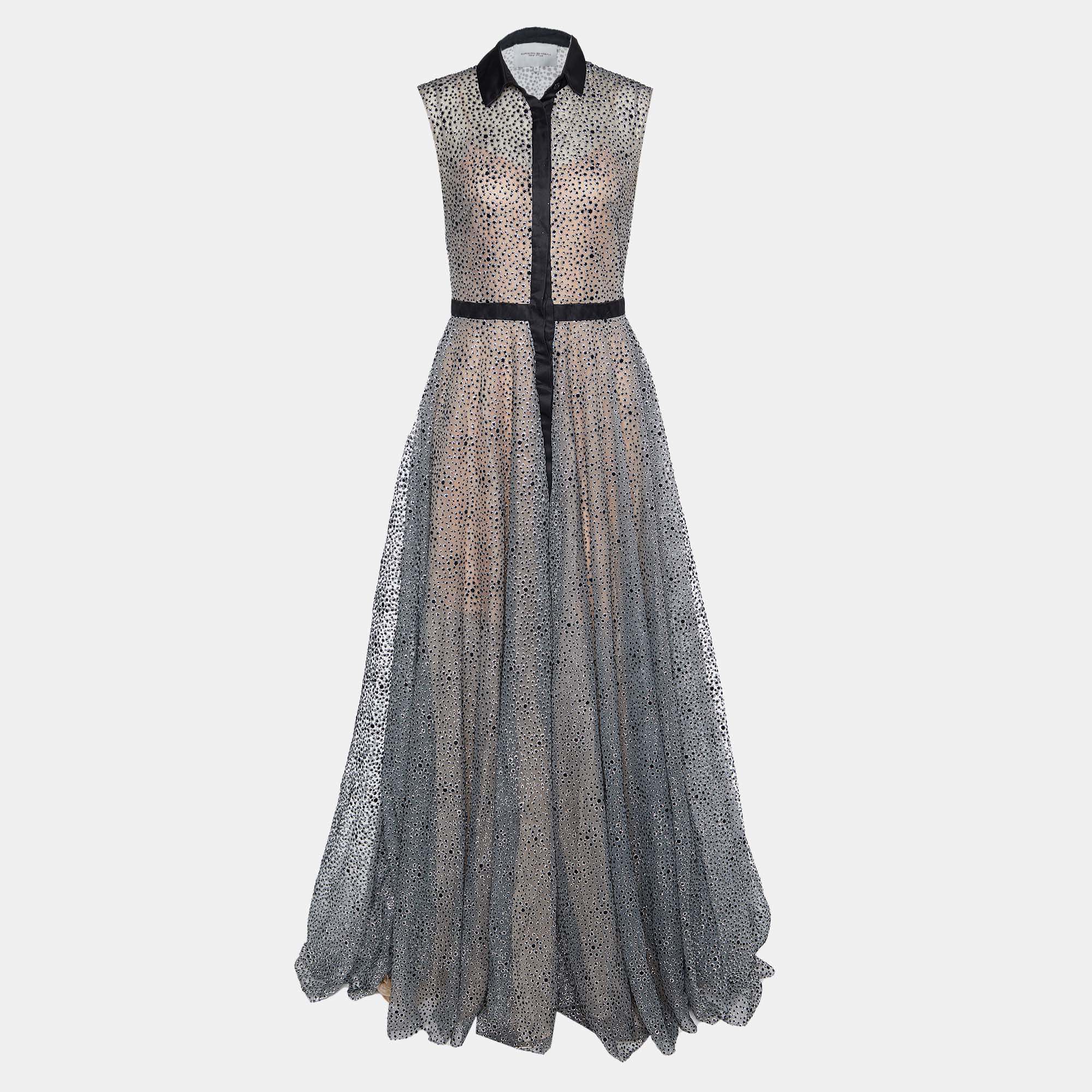Carolina Herrera Silver Glitter Mesh Sleeveless Button Front Gown M