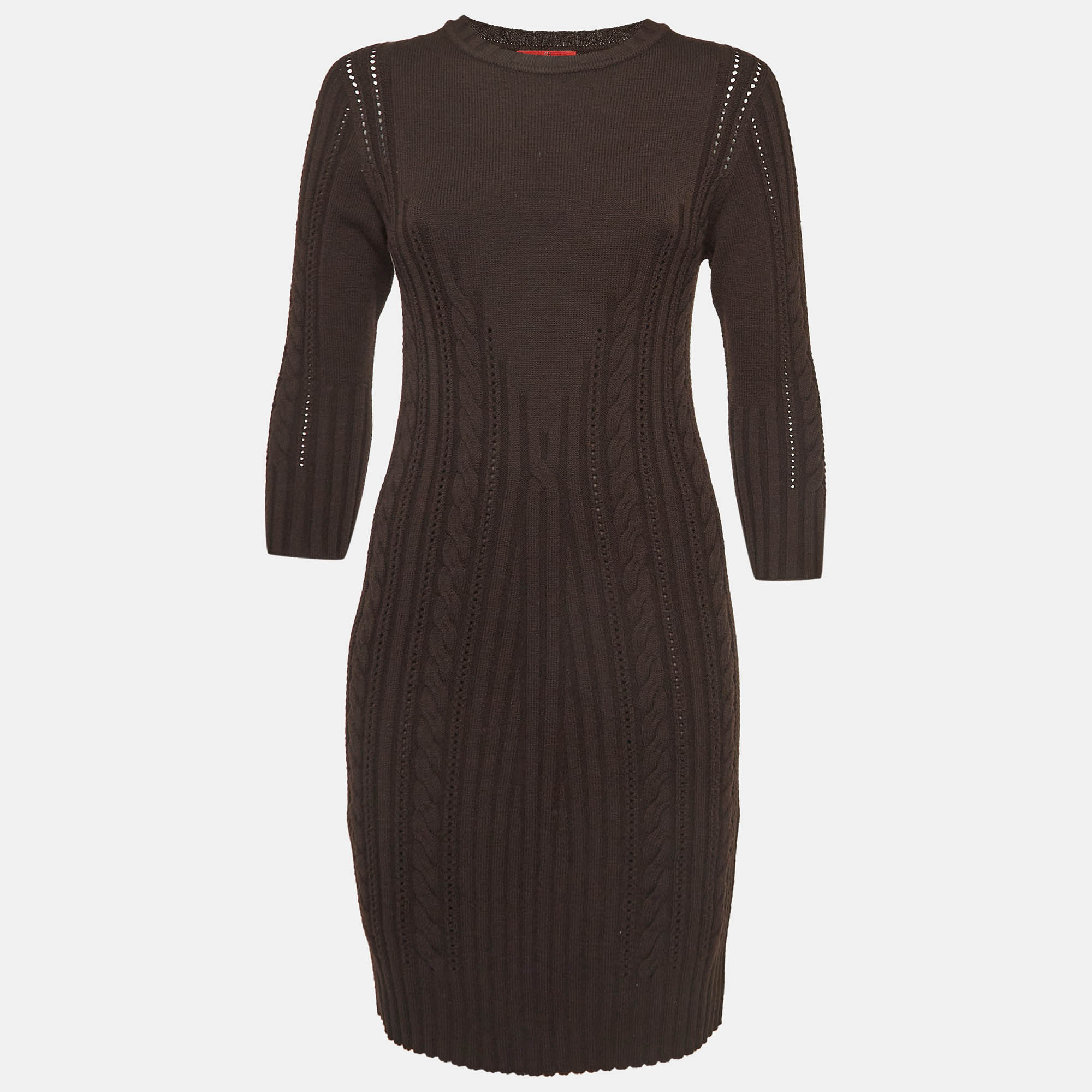 Pre Owned Carolina Herrera Brown Cable Knit Flounce Midi Dress S