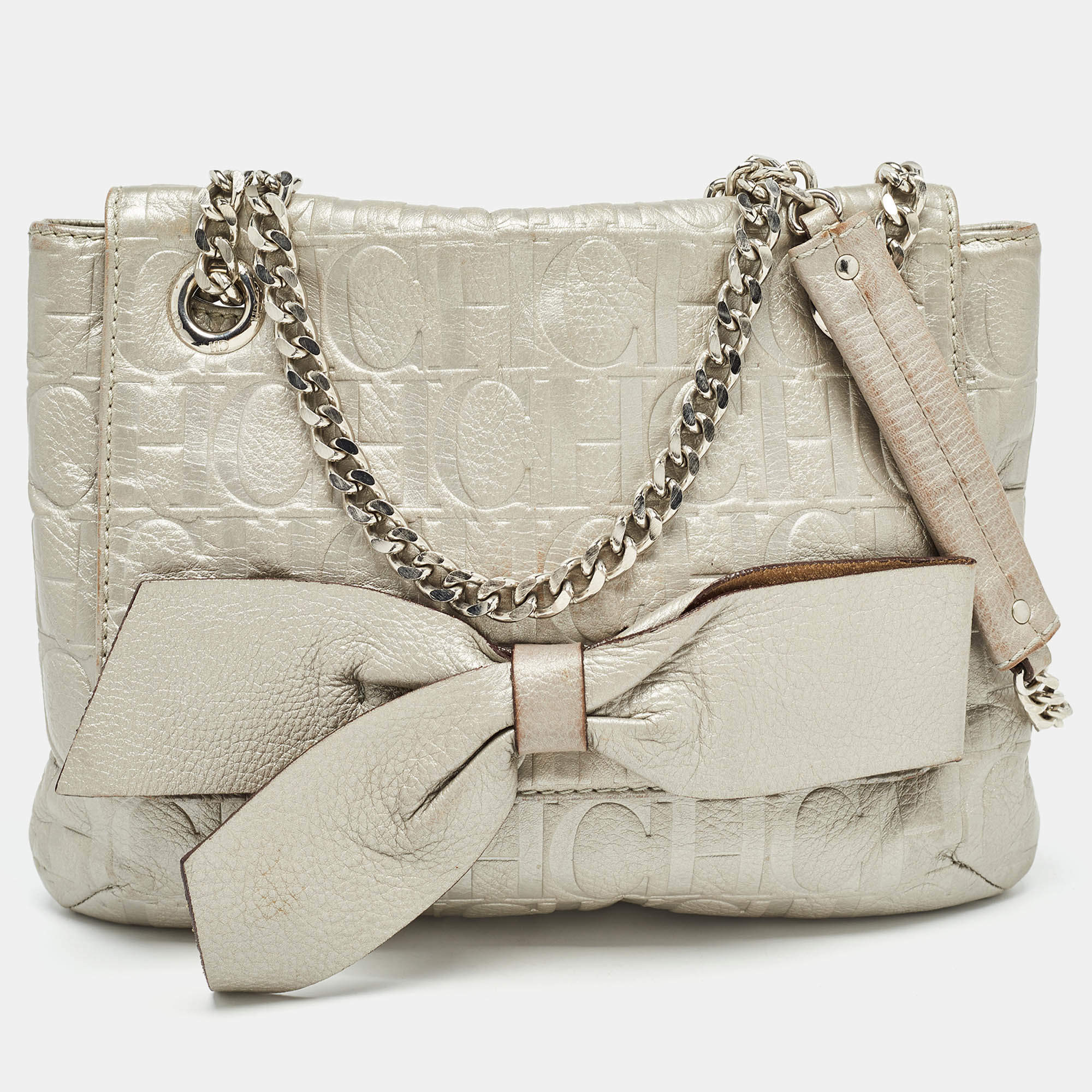 Carolina Herrera Grey Monogram Embossed Leather Audrey Shoulder Bag
