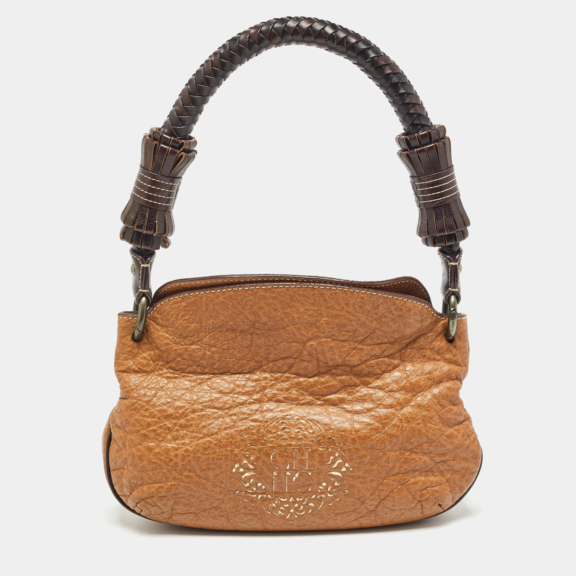 Carolina Herrera Brown Leather Braided Handle Baguette Bag