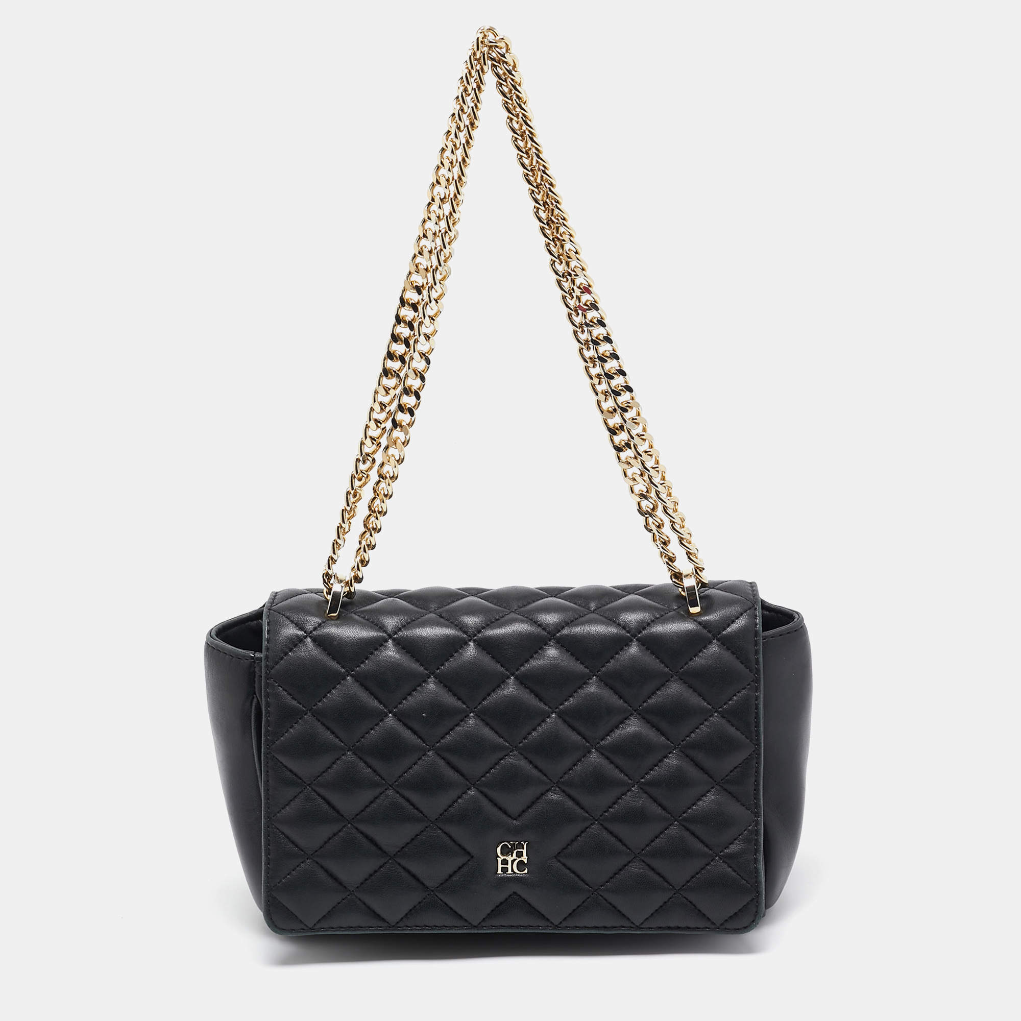 Carolina Herrera Black Quilted Leather Flap Chain Shoulder Bag
