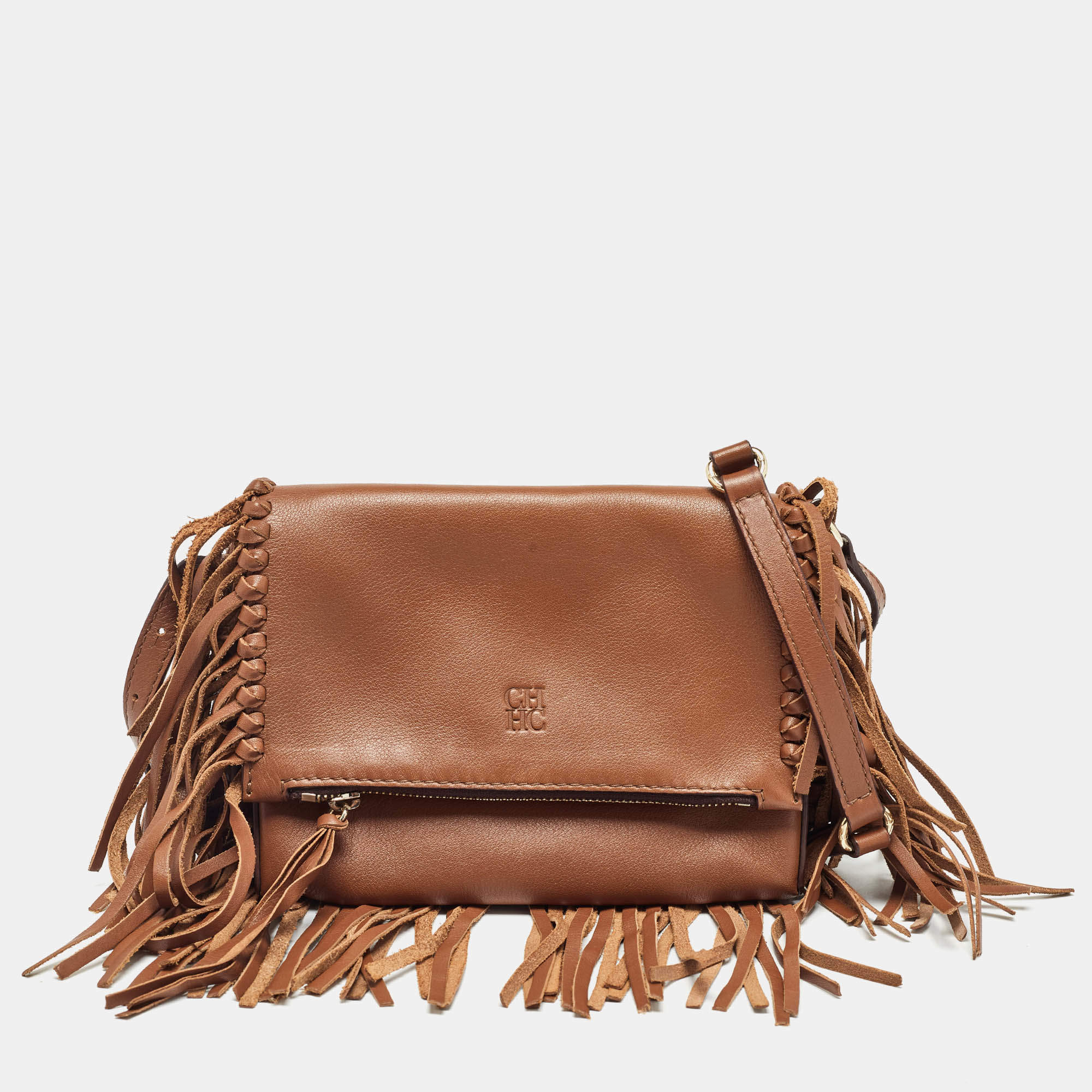 Carolina Herrera Brown Leather Fringe Detachable Crossbody Bag