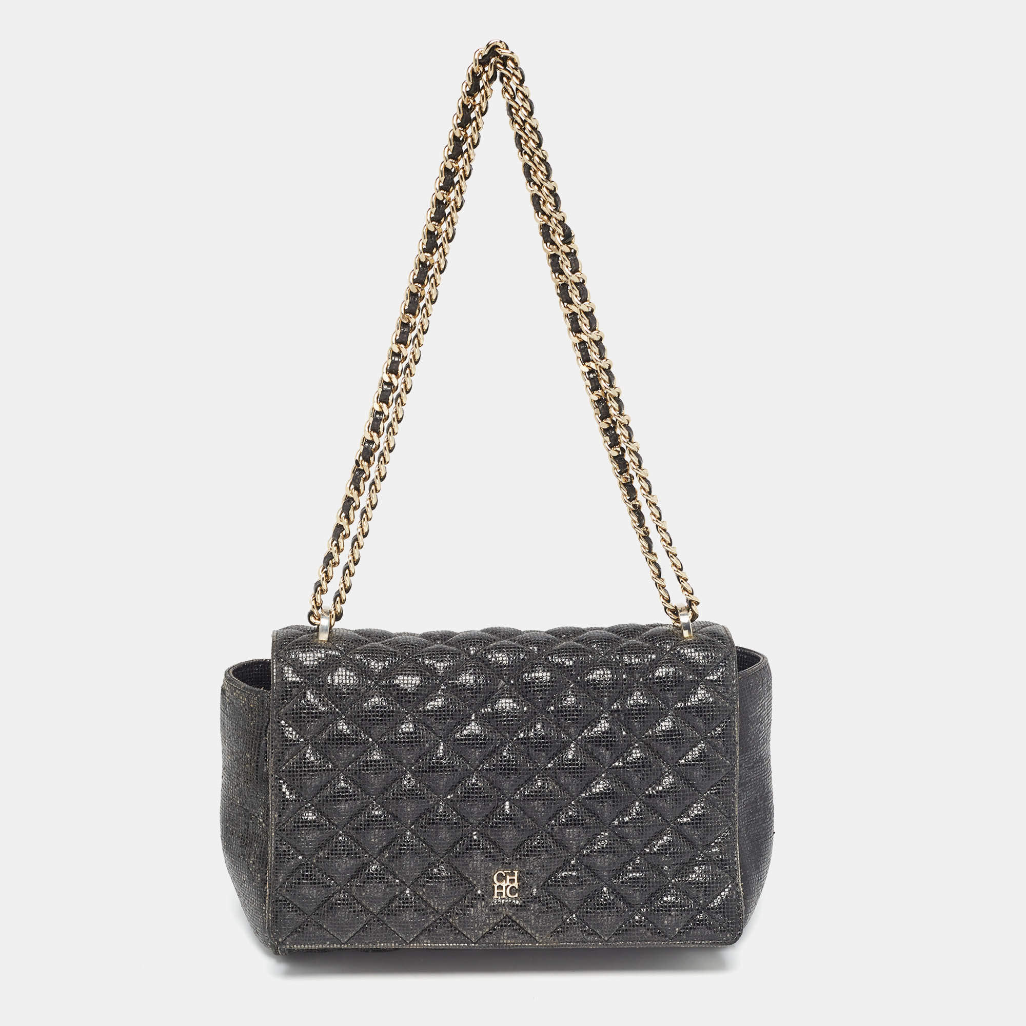 Carolina Herrera Black Quilted Textured Patent Leather Flap Chain Shoulder Bag