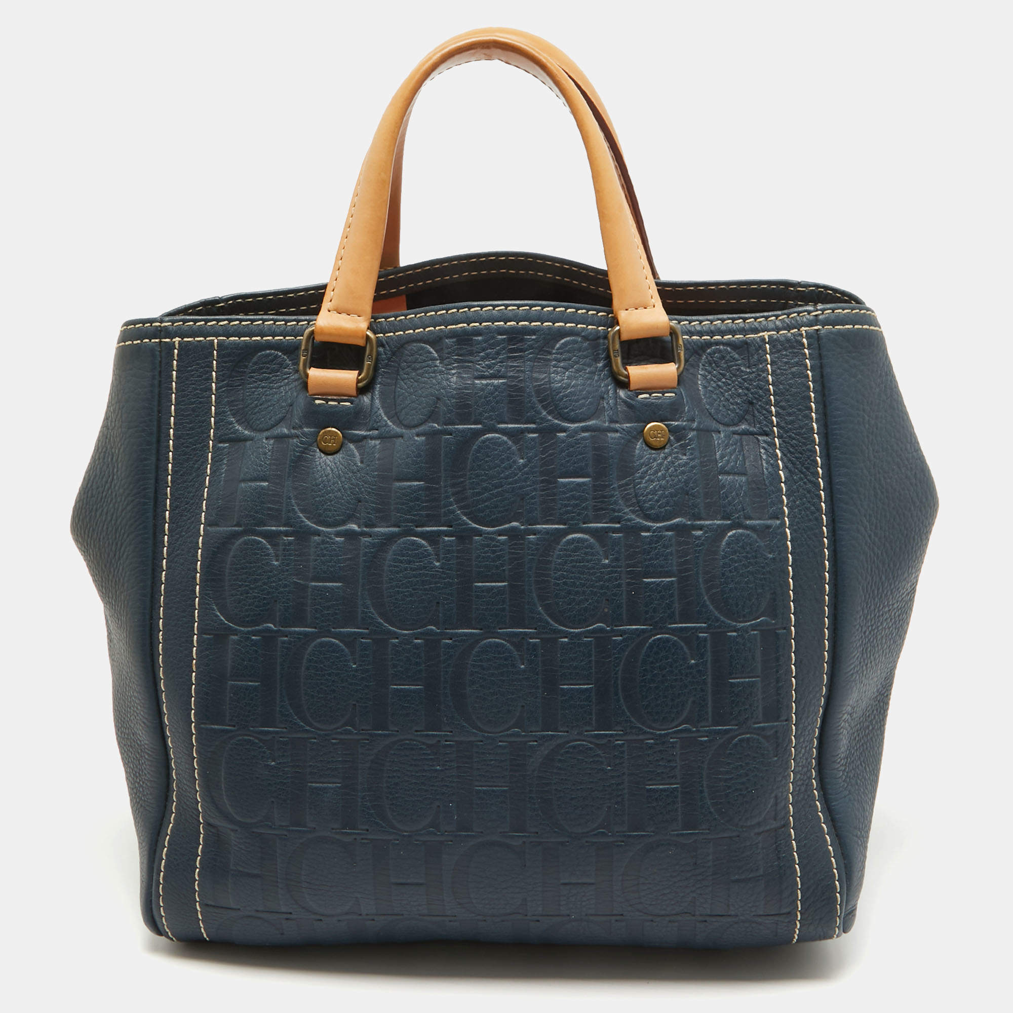Pre Owned Carolina Herrera Blue/Beige Monogram Embossed Leather Andy Tote