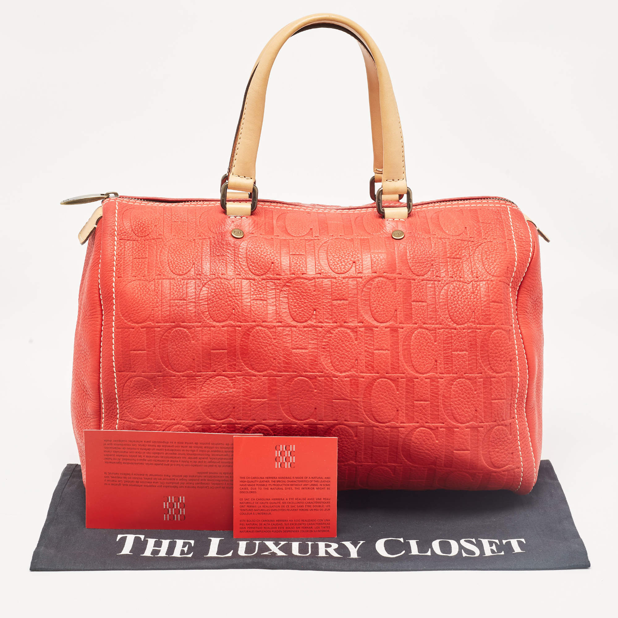 Carolina Herrera Red Monogram Embossed Leather Large Andy Boston Bag Carolina Herrera TLC