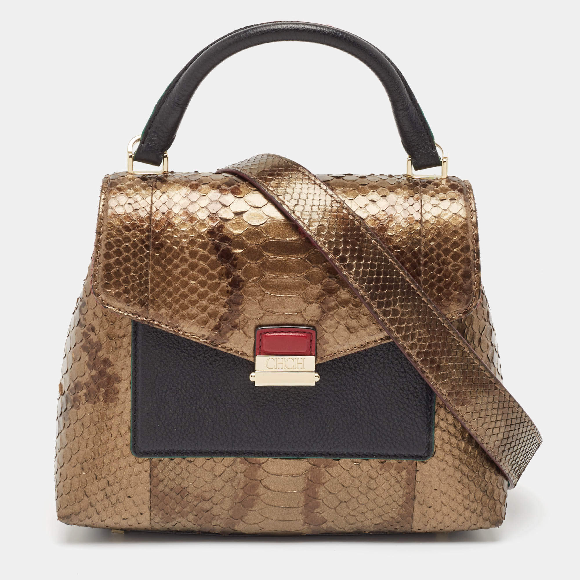 Carolina Herrera Black/Bronze Python and Leather Pushlock Flap Top Handle Bag