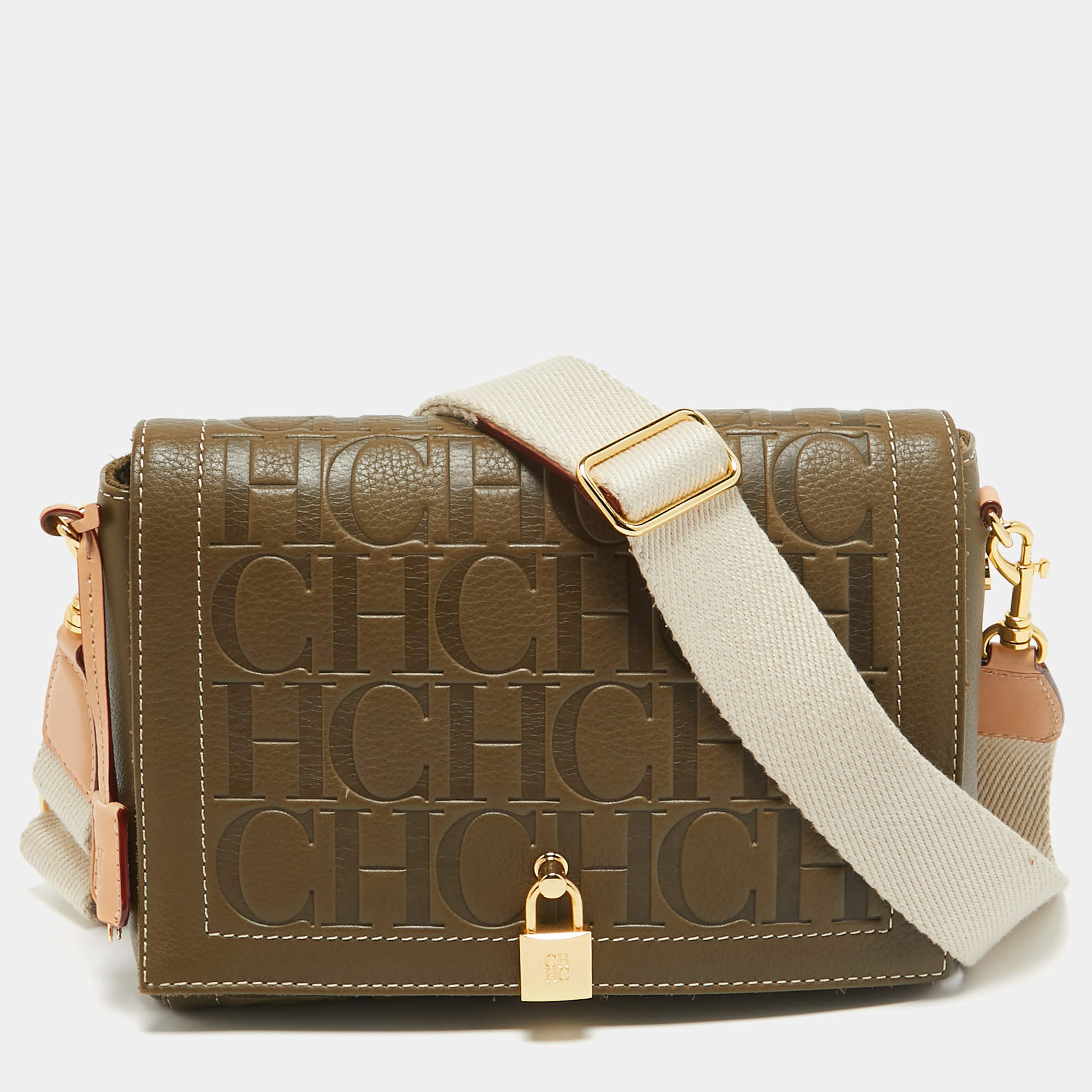 Carolina Herrera Khaki Green Monogram Leather Andy Locked Shoulder Bag