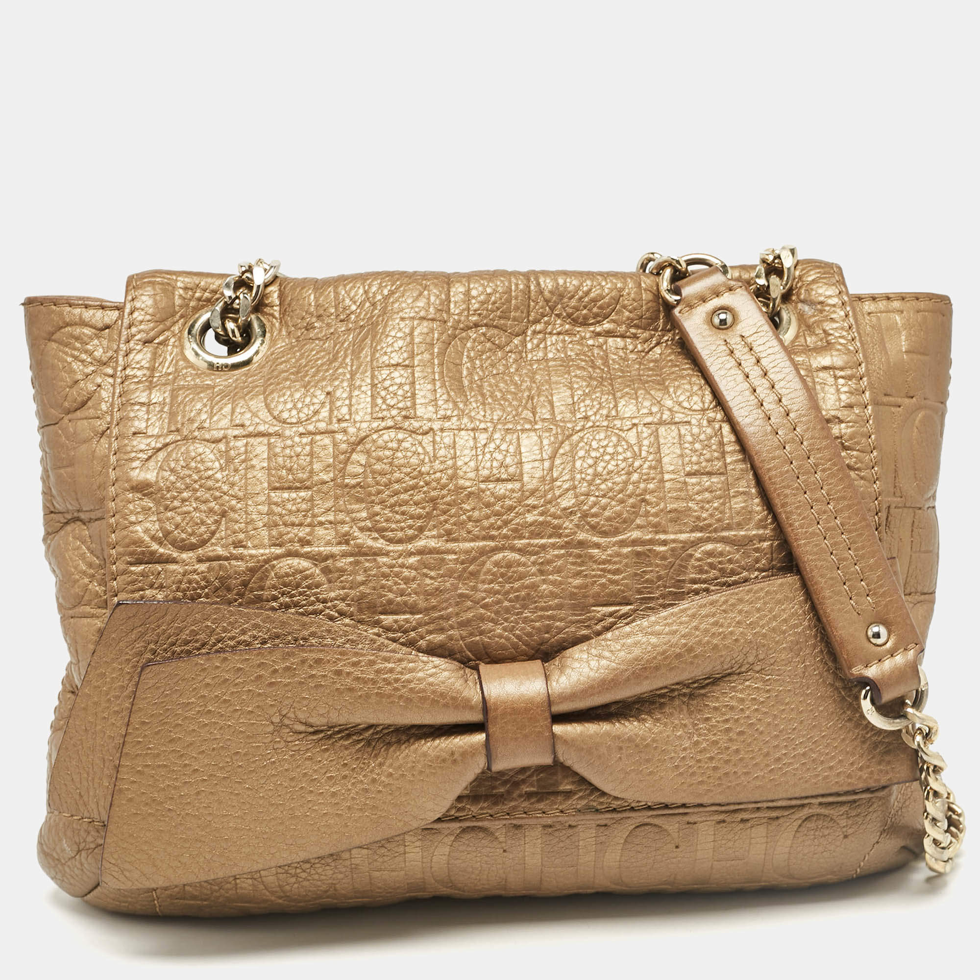 Carolina Herrera Gold Monogram Leather Audrey Shoulder Bag