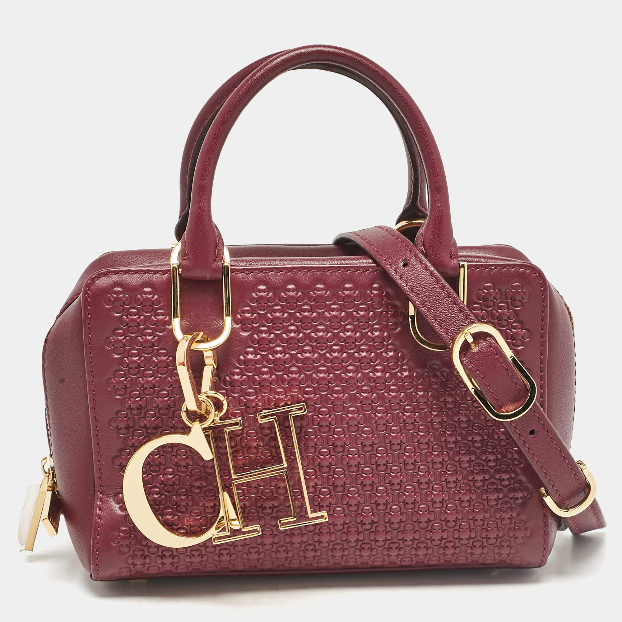 Pre Owned Carolina Herrera Burgundy Embossed Leather Micro Duke Bag