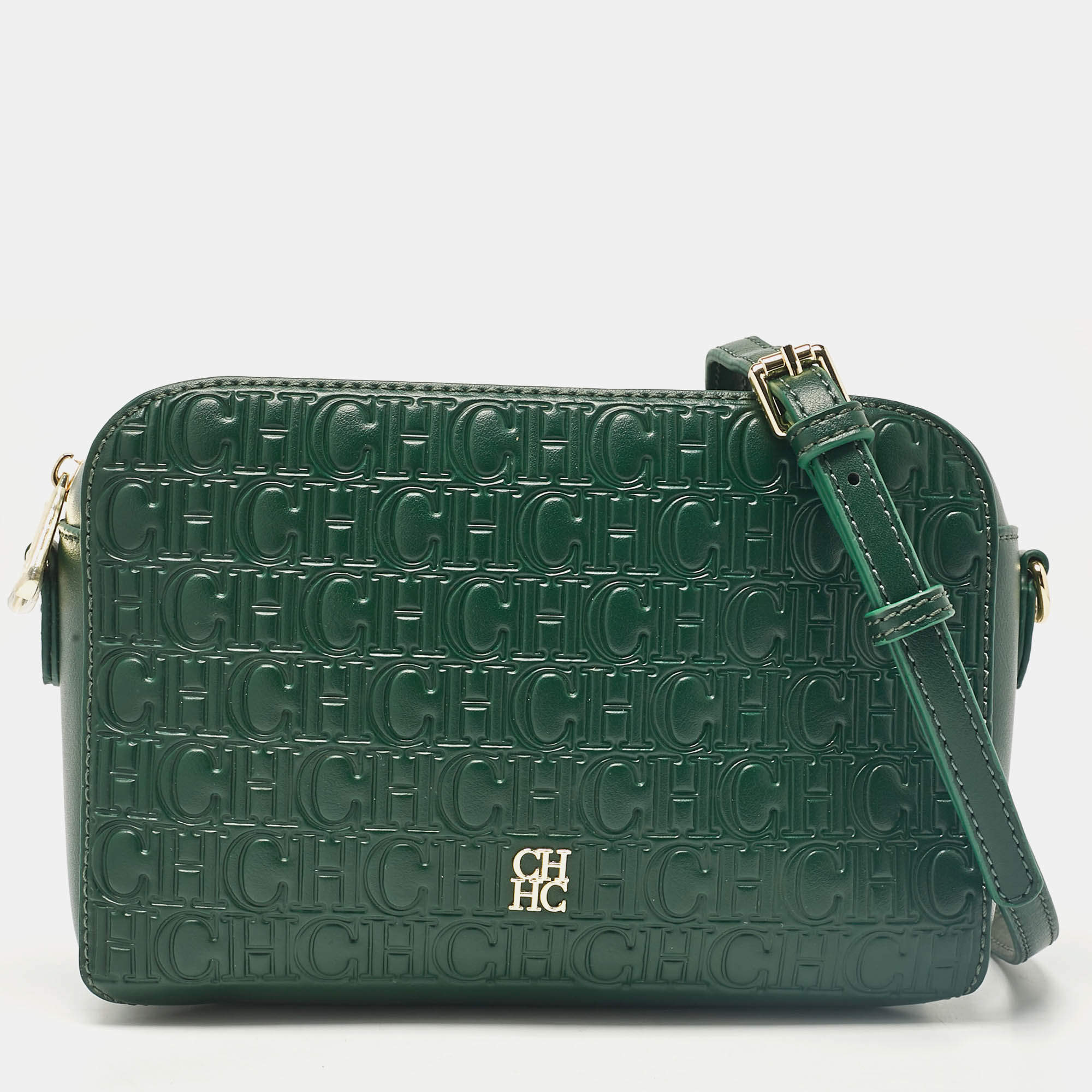 Carolina Herrera Green Monogram Embossed Leather Camera Crossbody Bag