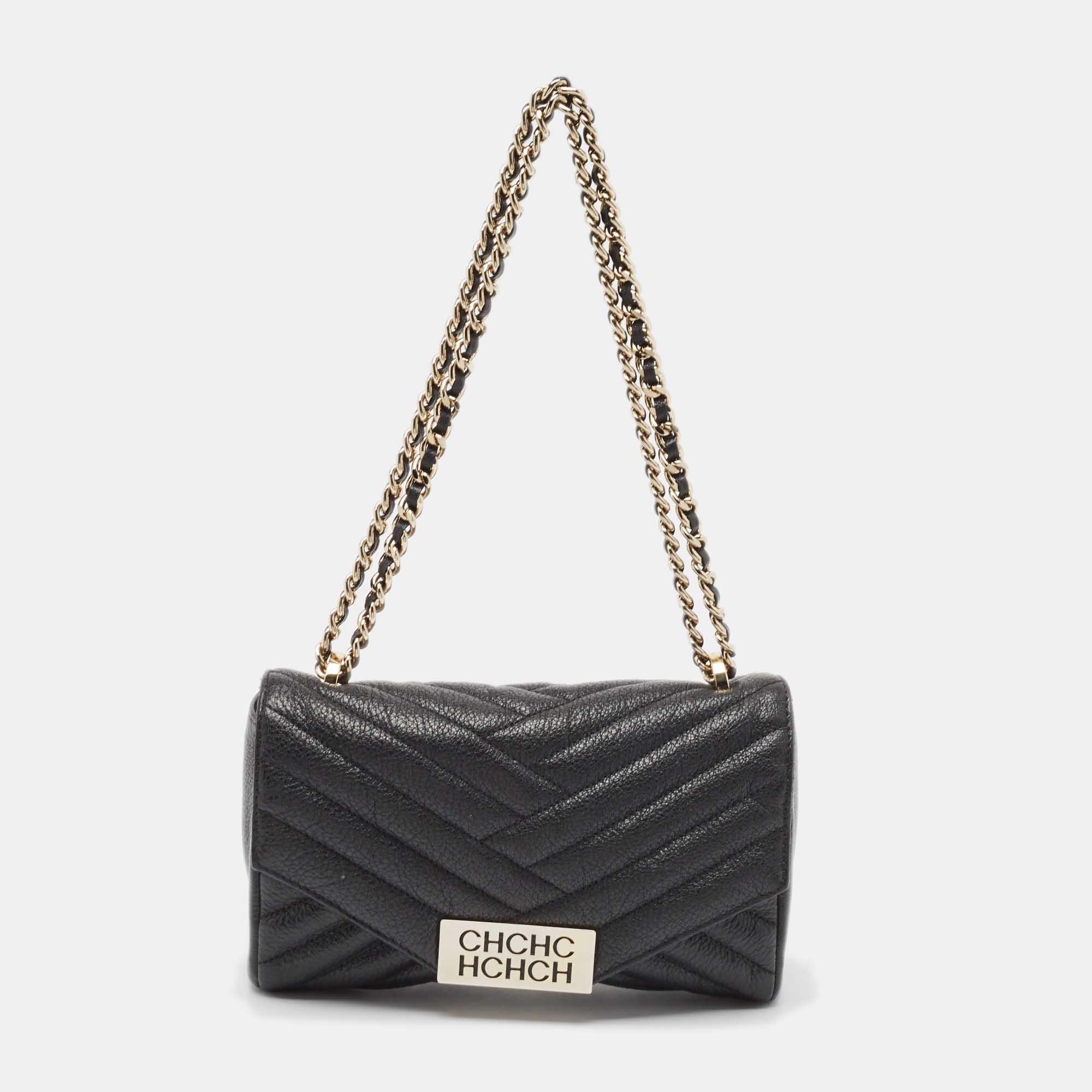 Carolina Herrera Black Chevron Leather Bimba Flap Shoulder Bag