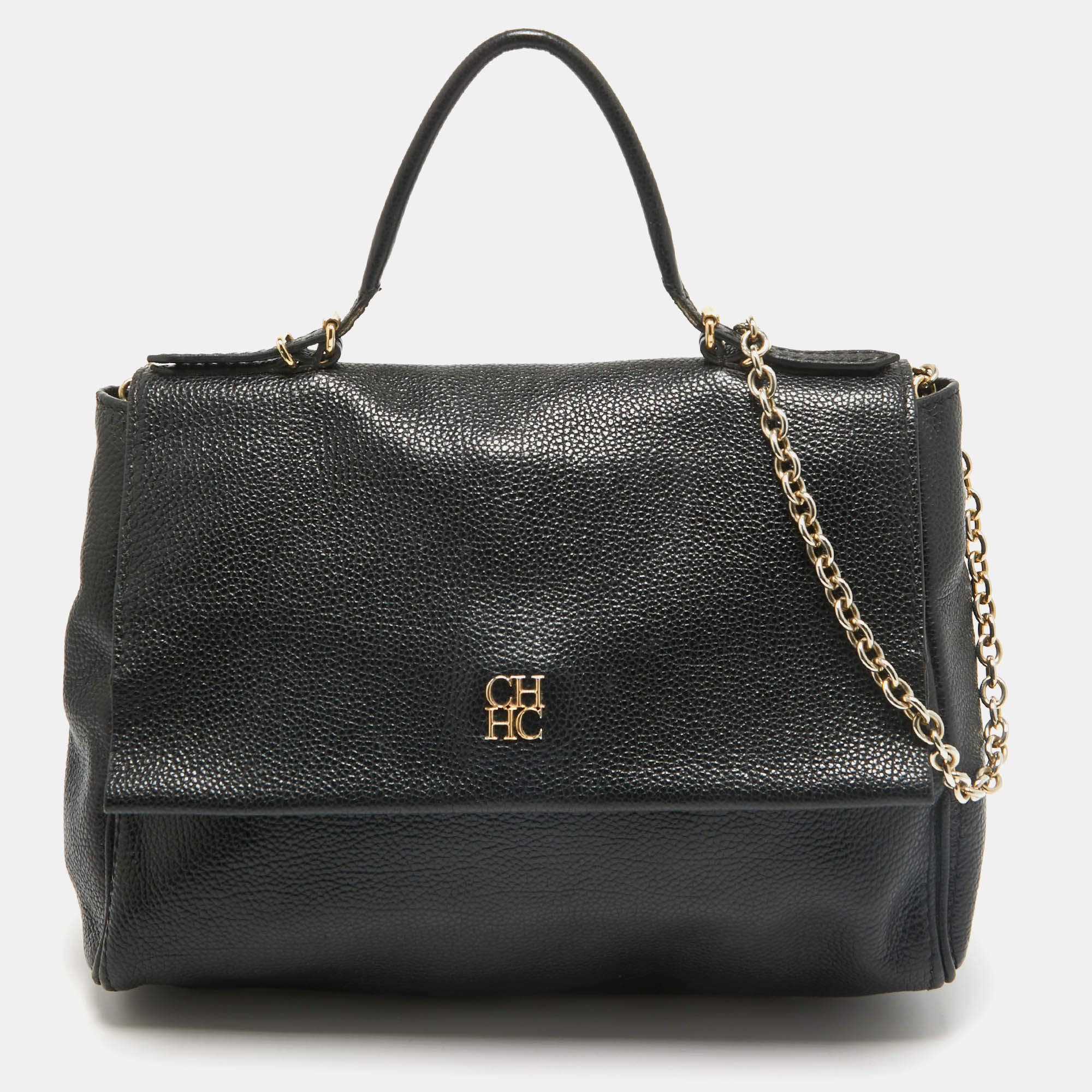 Carolina Herrera Black Leather Minuetto Flap Top Handle Bag