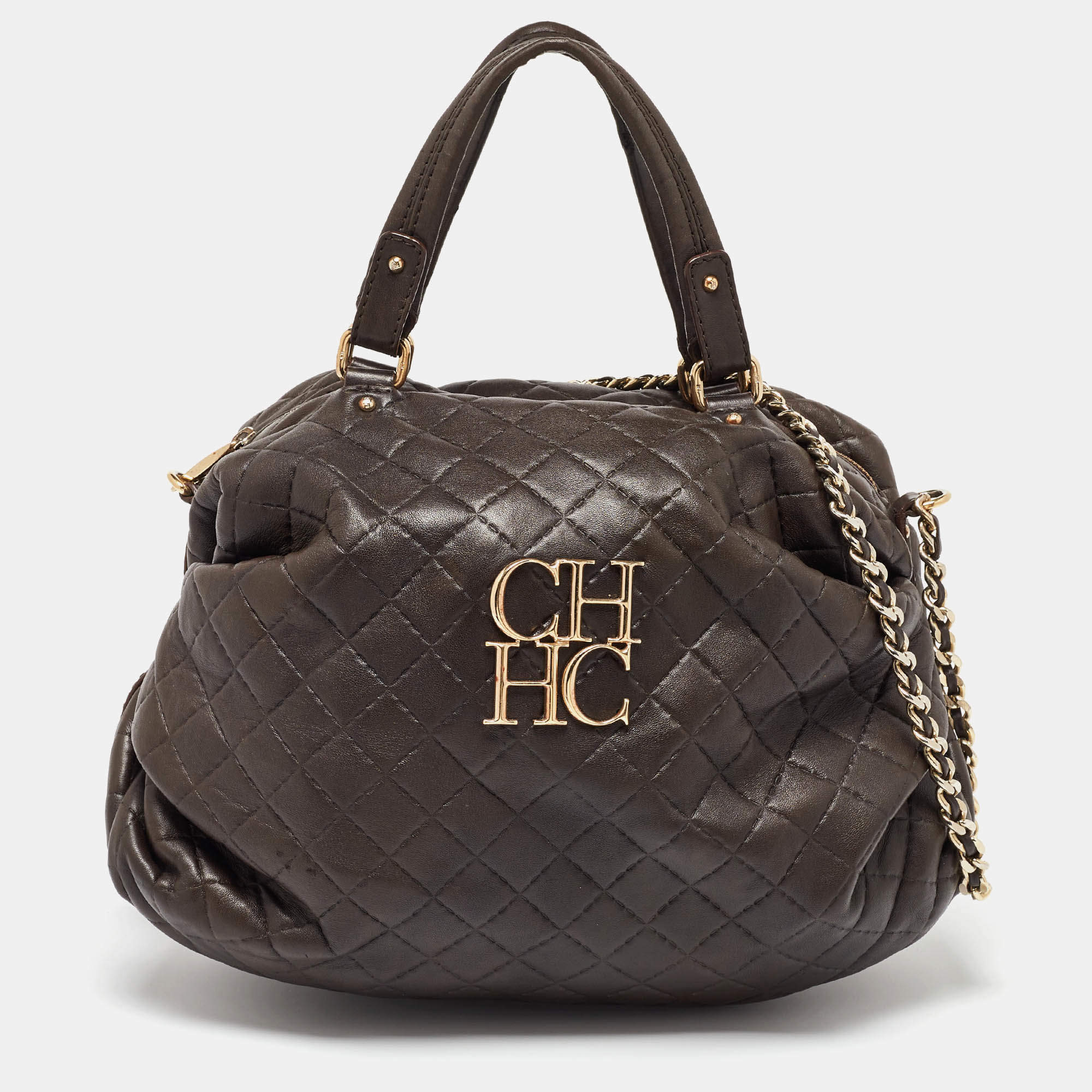 Pre Owned Carolina Herrera Dark Brown Quilted Leather Pleated Chain Satchel