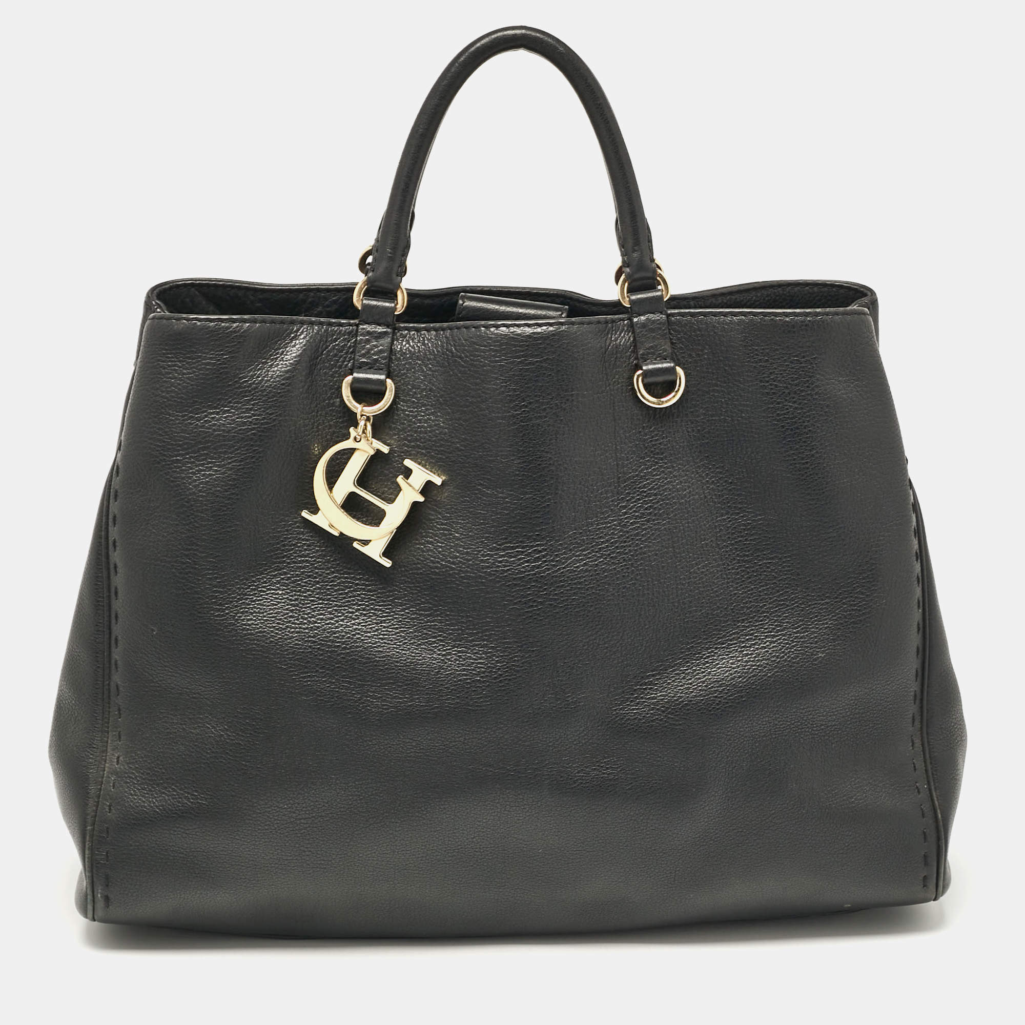 Carolina Herrera Black Leather CH Charm Tote