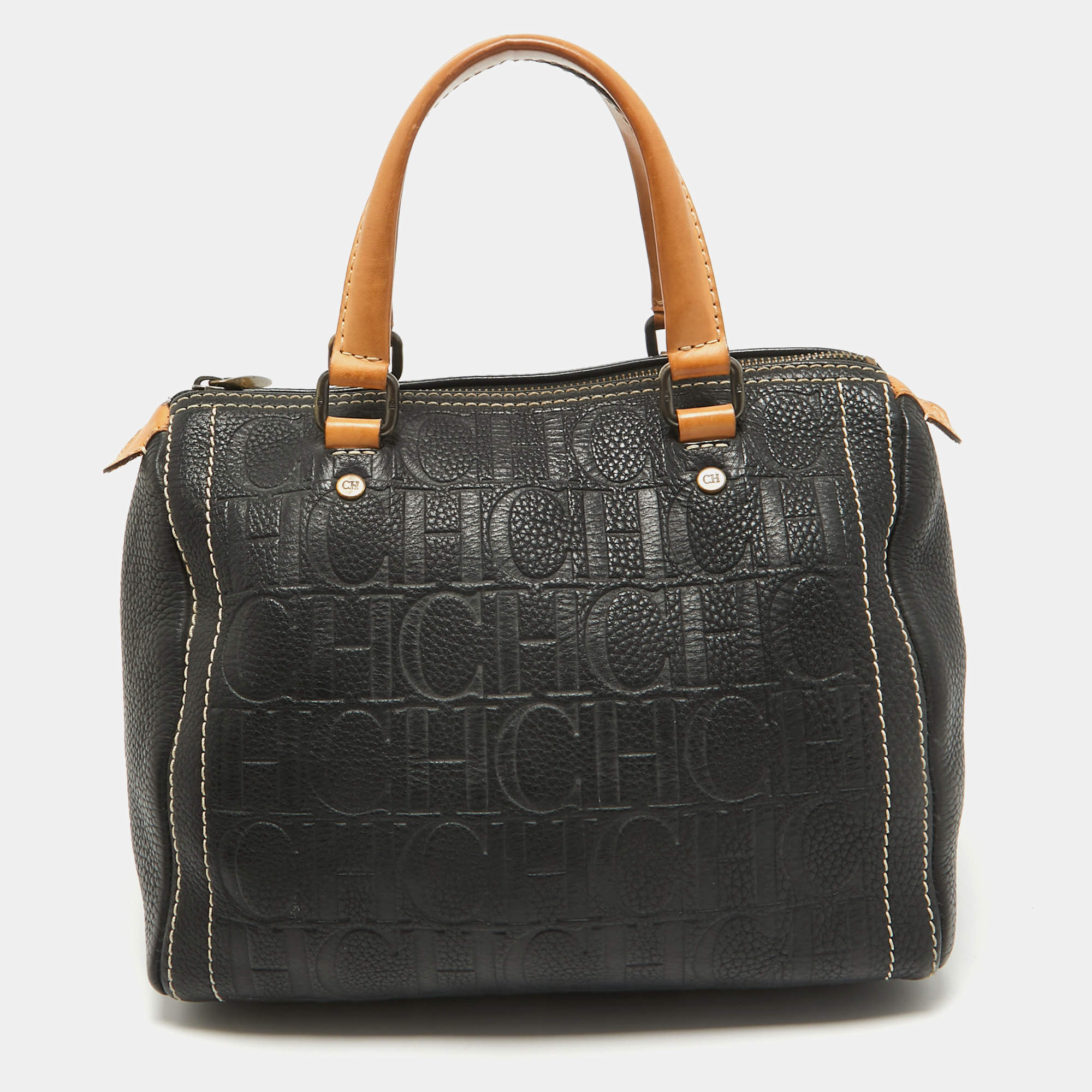 Carolina Herrera Black/Beige Monogram Embossed Leather Andy Boston Bag