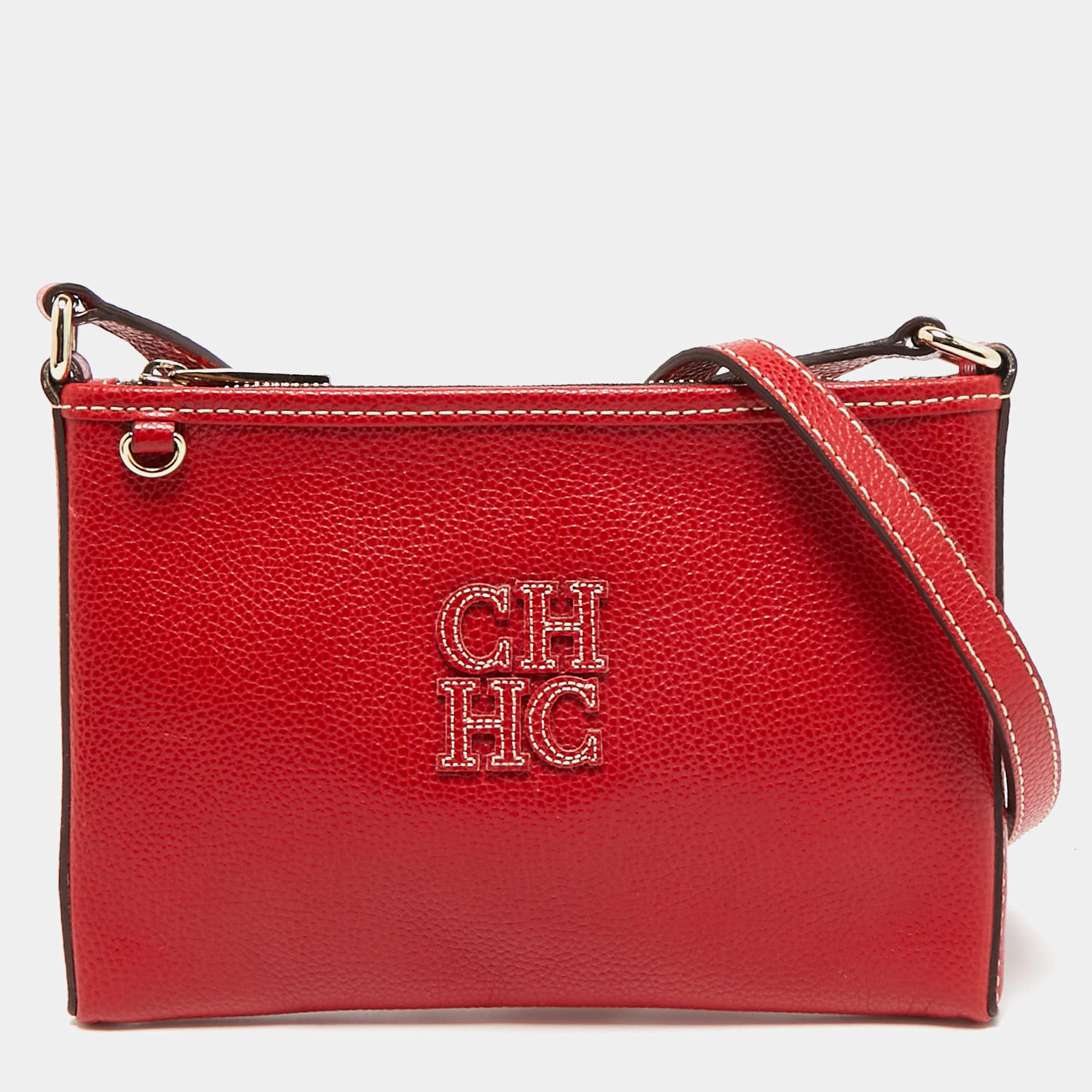 Carolina Herrera Red Leather Logo Zip Crossbody Bag