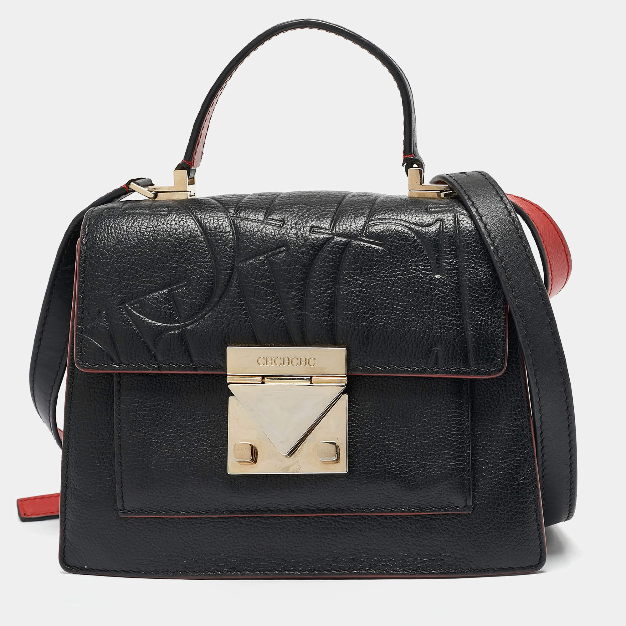Carolina Herrera Black Embossed Leather Pushlock Flap Top Handle Bag