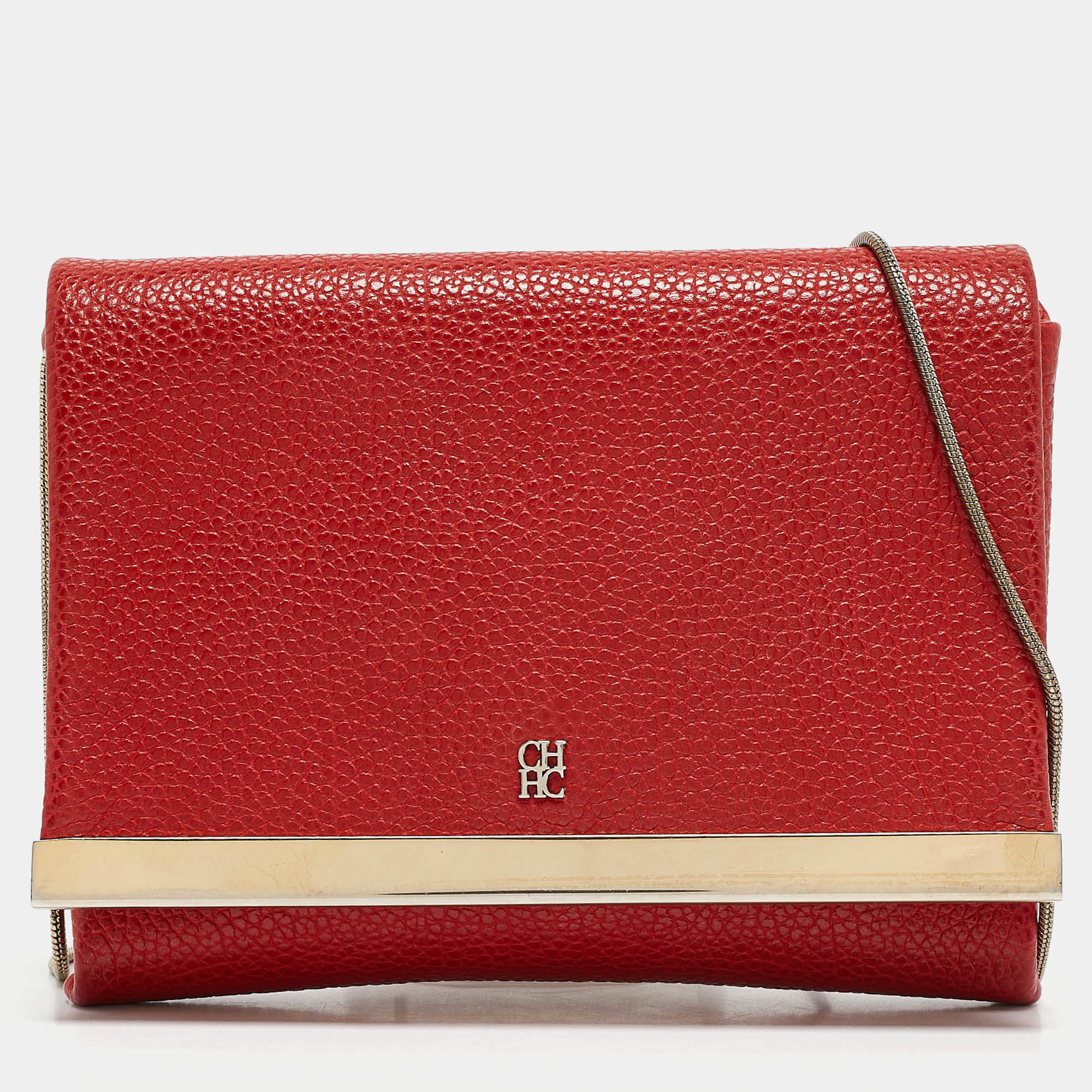 Carolina Herrera Red Leather Metal Flap Chain Clutch