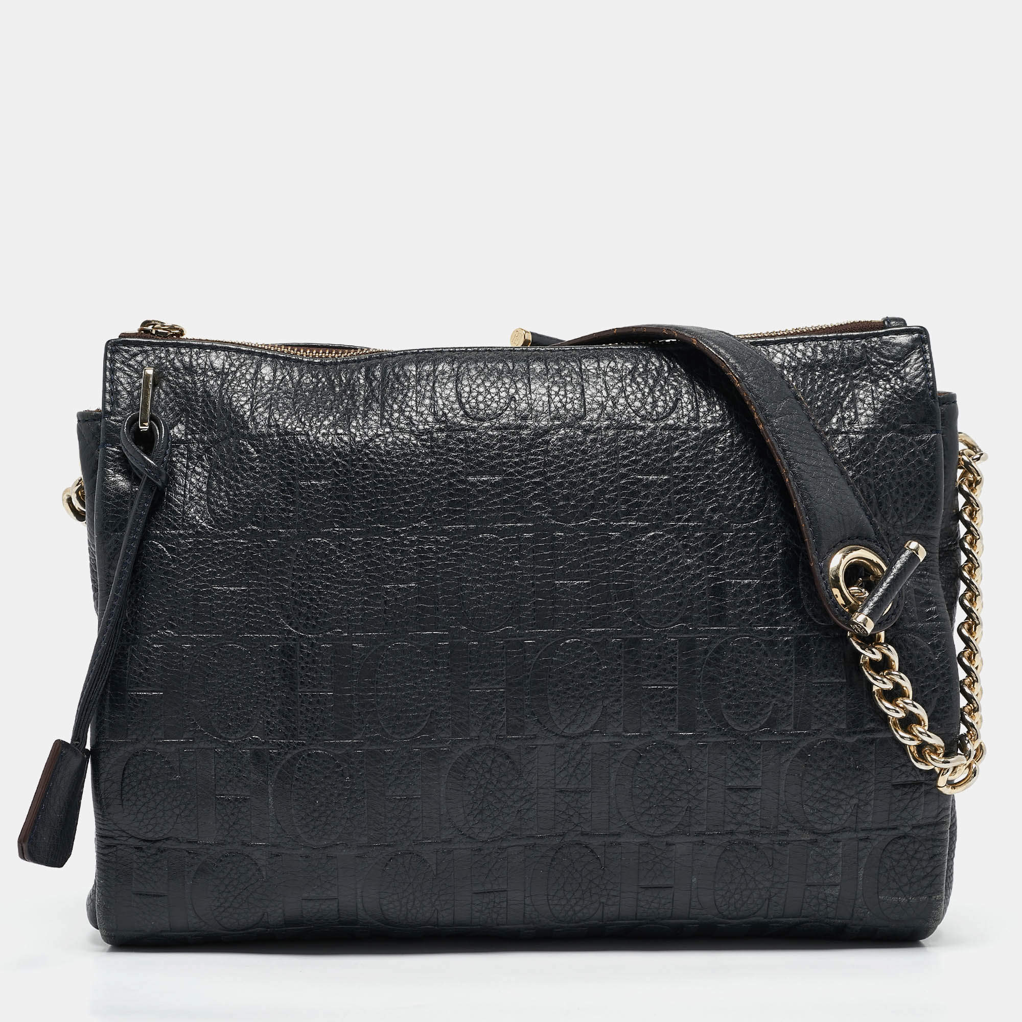 Carolina Herrera Navy Blue Monogram Embossed Leather Chain Shoulder Bag