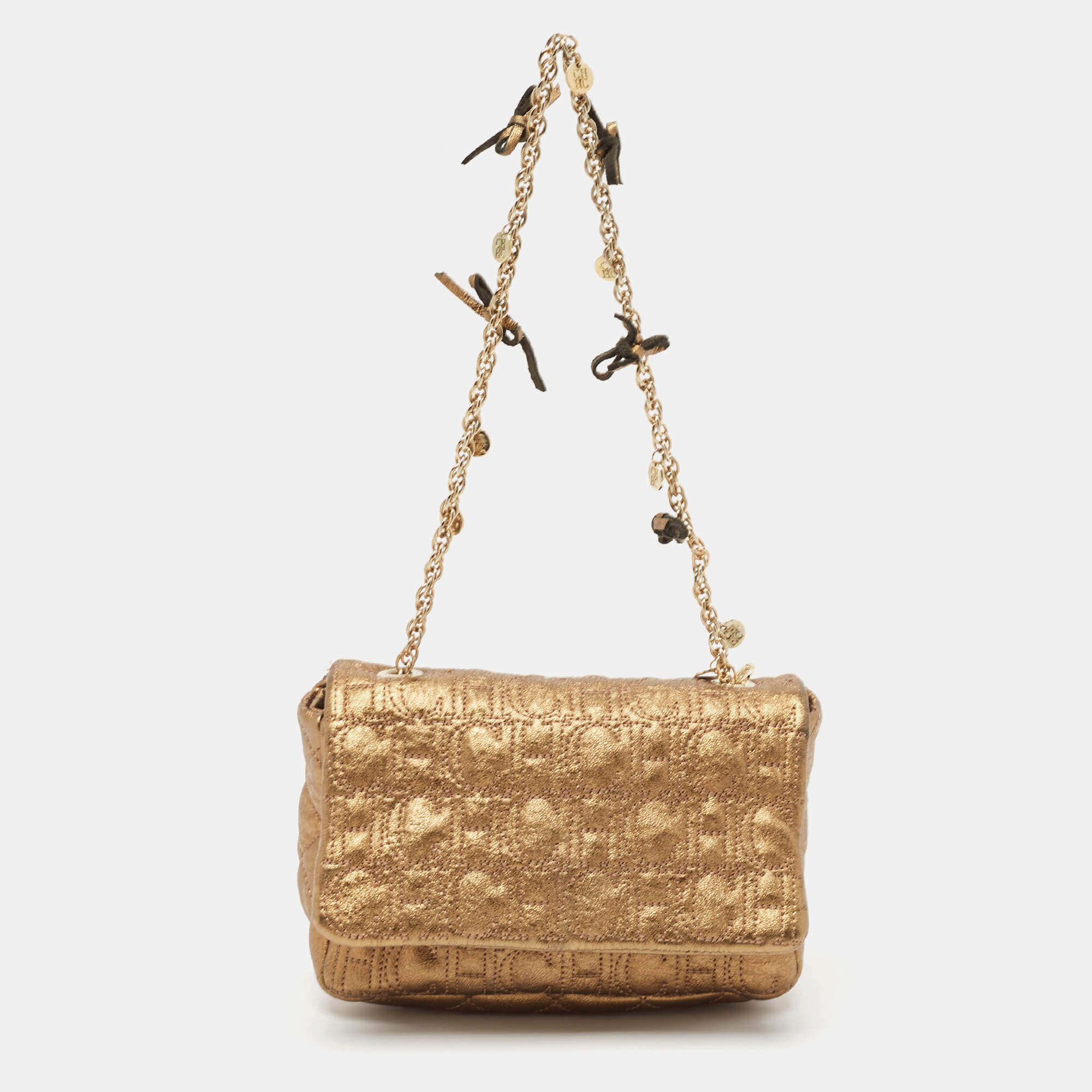Pre Owned Carolina Herrera Gold Logo Embossed Leather Embellished Shoulder Bag