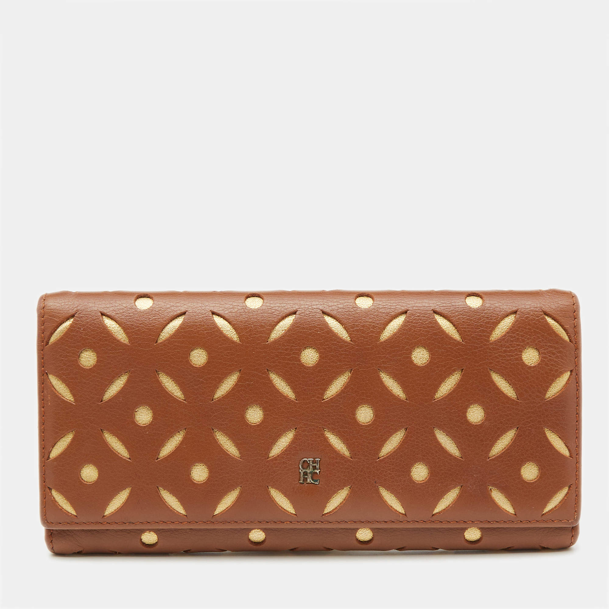 Carolina Herrera Brown/Gold Leather Lasercut Flap Continental Wallet