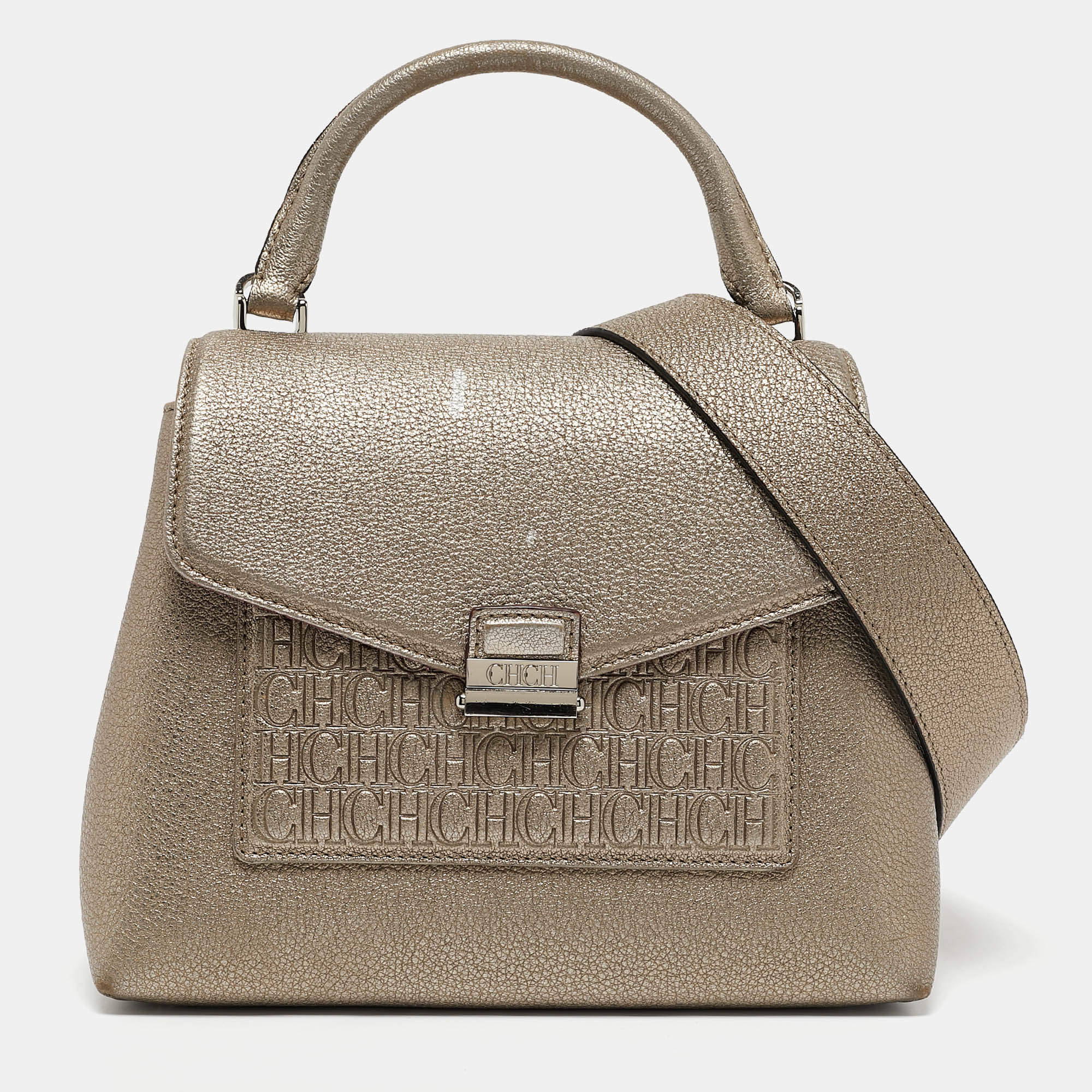 Carolina Herrera Gold Monogram Embossed Leather Flap Top Handle Bag