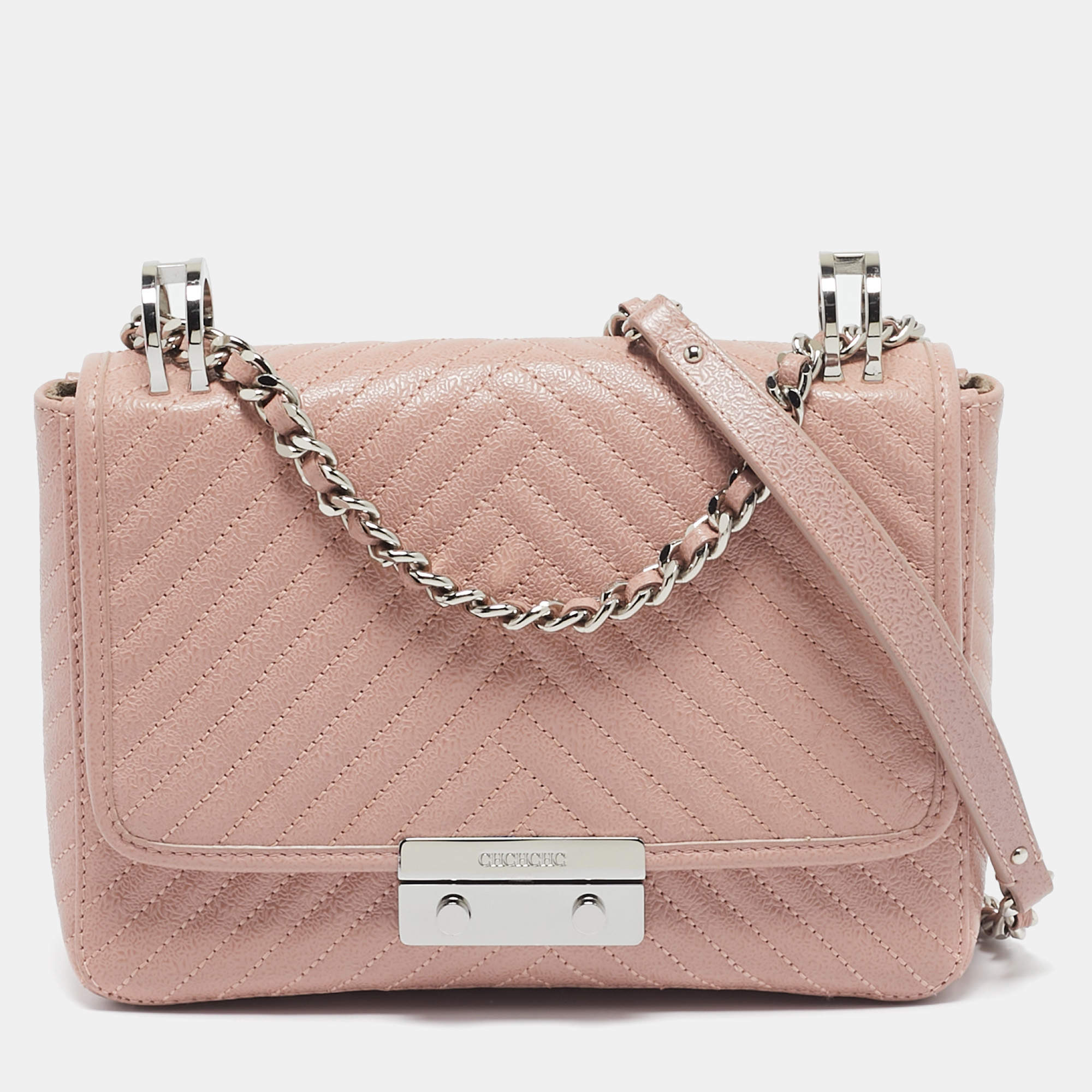 Pre Owned Carolina Herrera Light Pink Diagonal Quilt Leather Pushlock Flap Bag