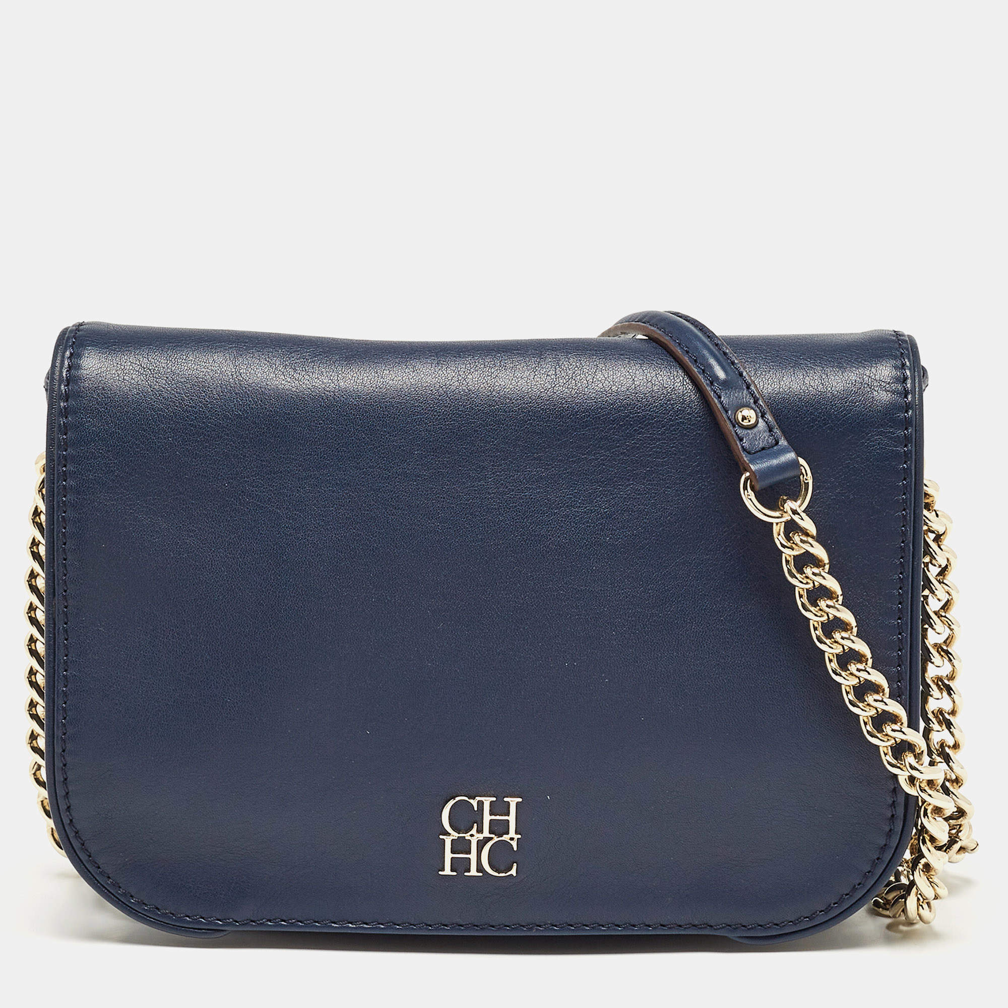 Carolina Herrera Navy Blue Leather New Baltazar Flap Shoulder Bag