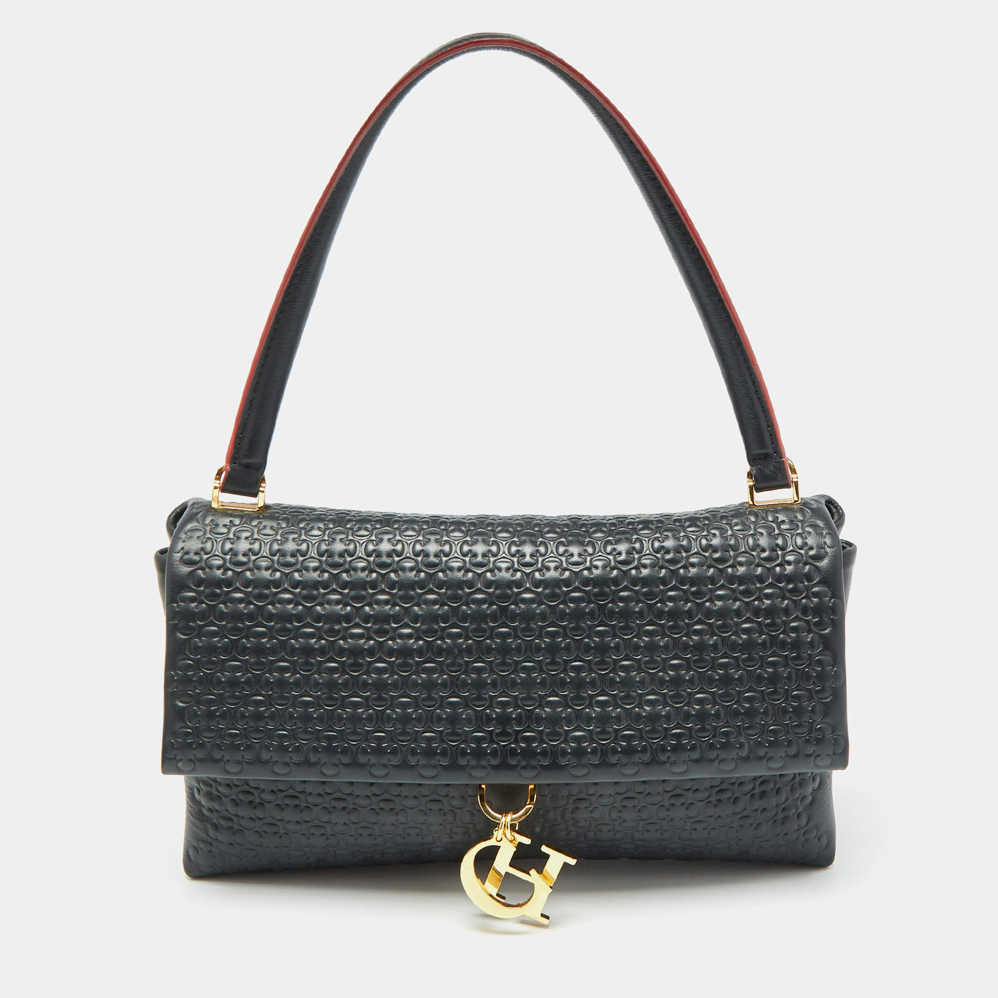 Carolina Herrera Black Embossed Leather Camelot Top Handle Bag