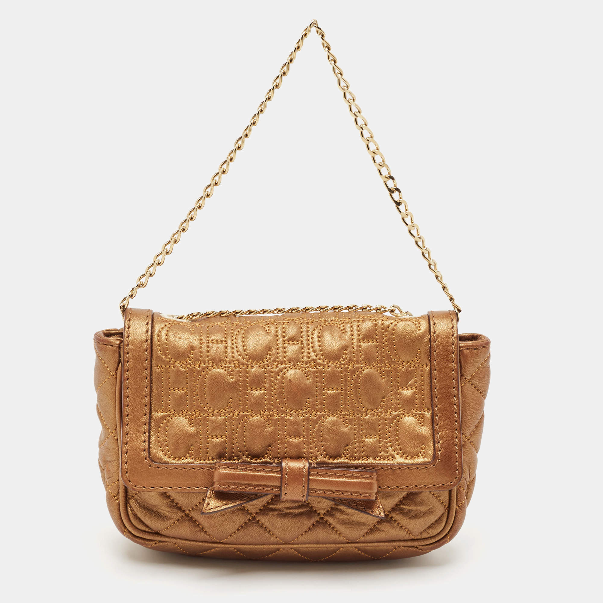 Carolina Herrera Gold Monogram Embossed Leather Bow Flap Chain Bag