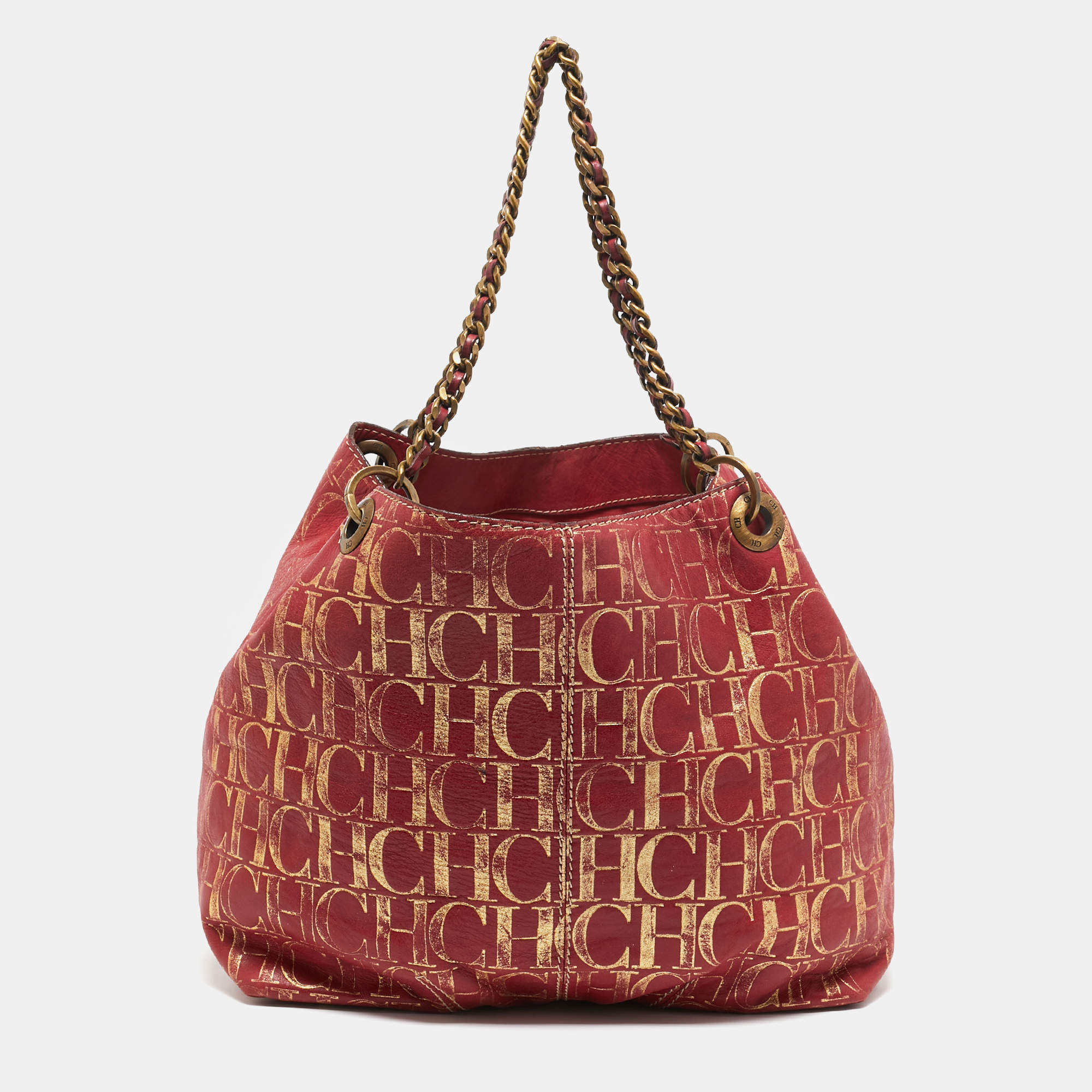 Carolina Herrera Red/Gold Monogram Leather Chain Tote