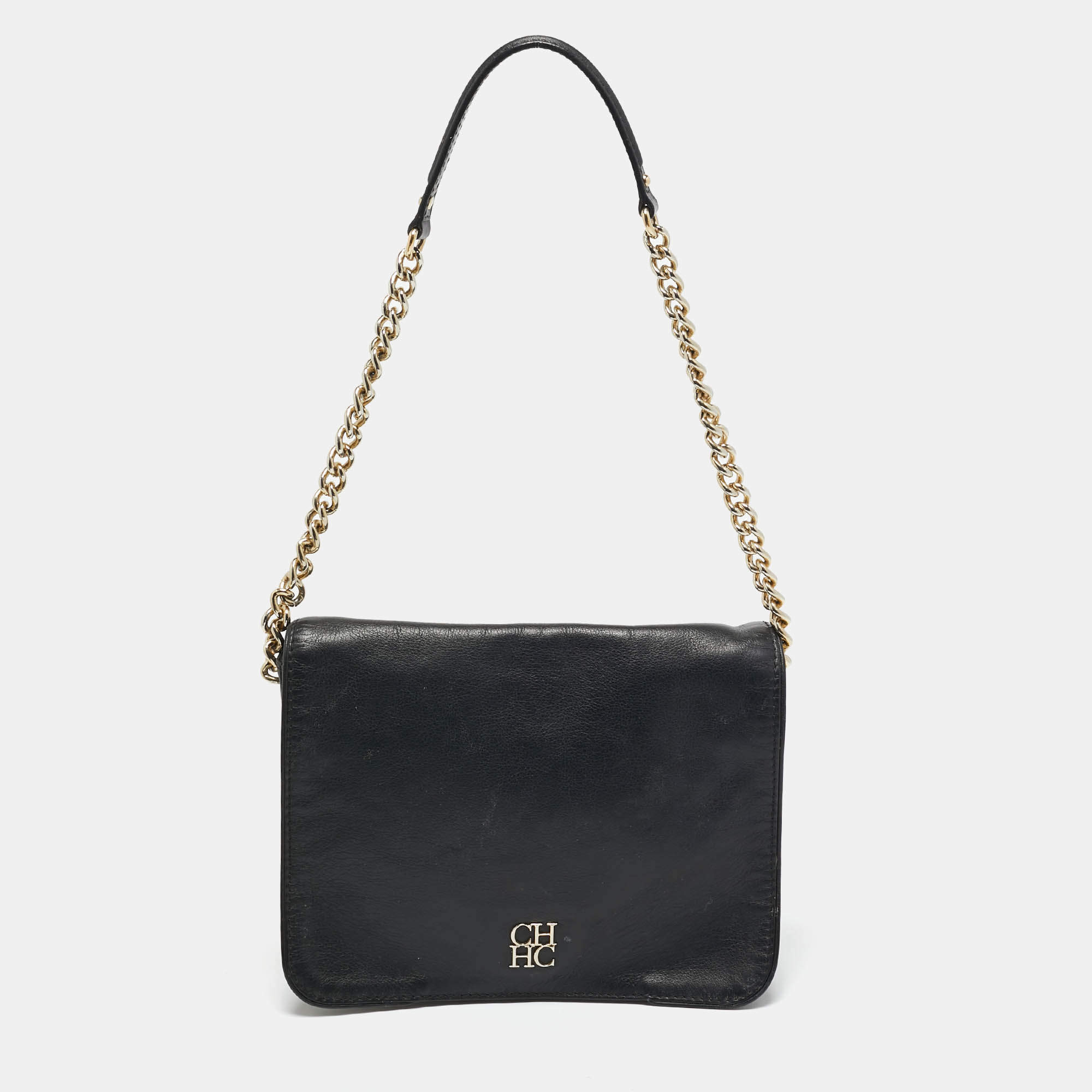 Carolina Herrera Black Leather New Baltazar Flap Shoulder Bag