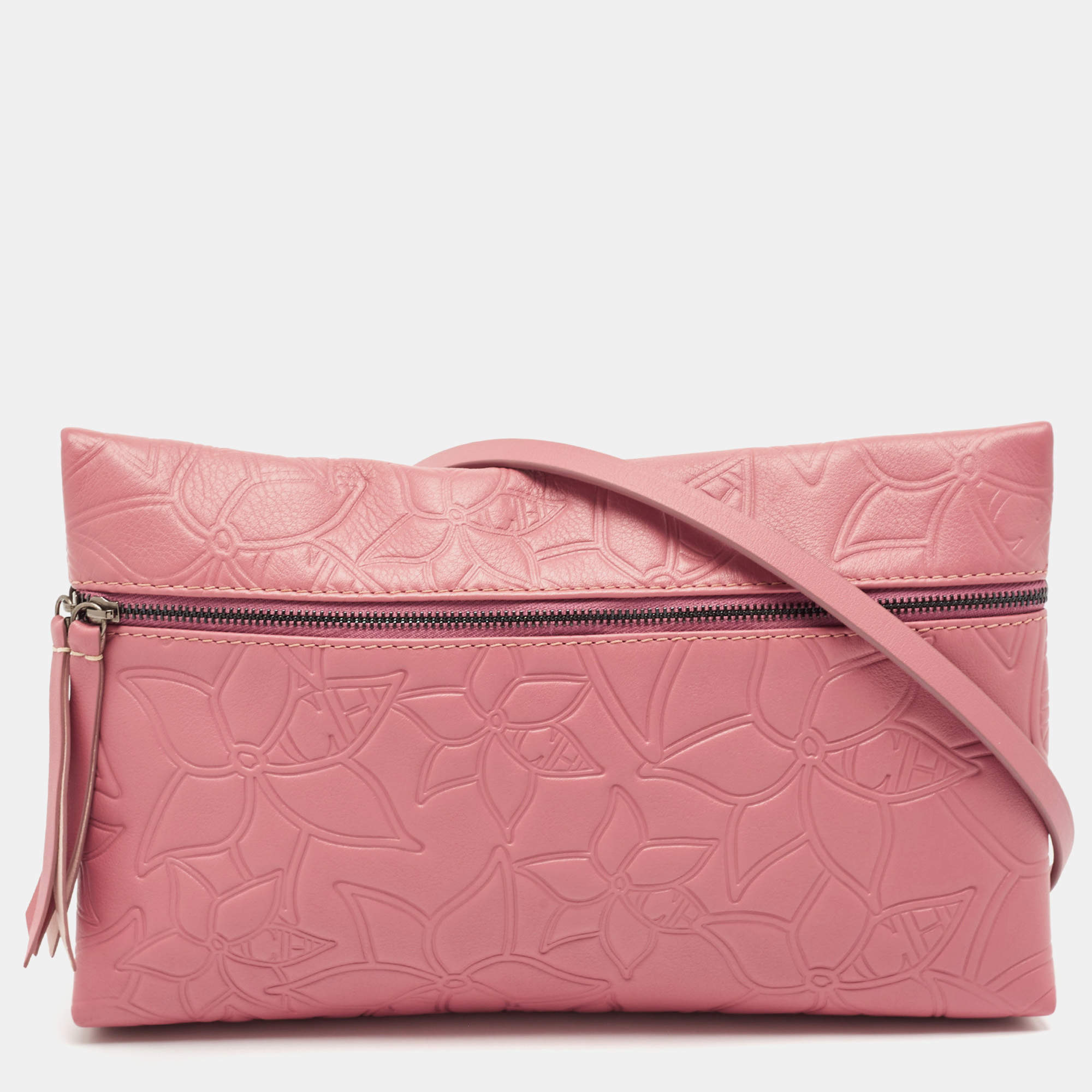 Carolina Herrera Old Rose Floral Embossed Leather Zip Crossbody Bag