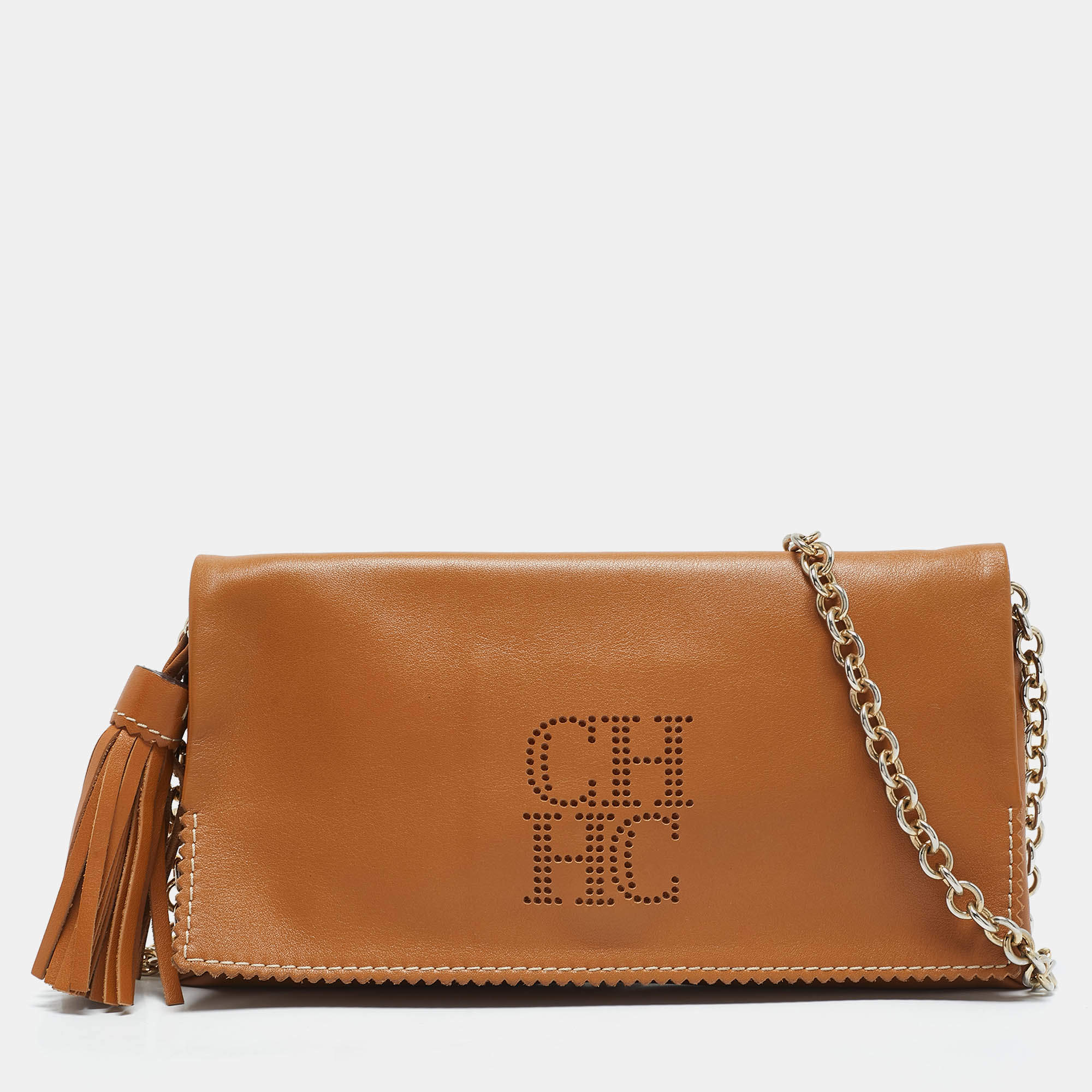 Carolina Herrera Tan Leather Flap Tassel Shoulder Bag
