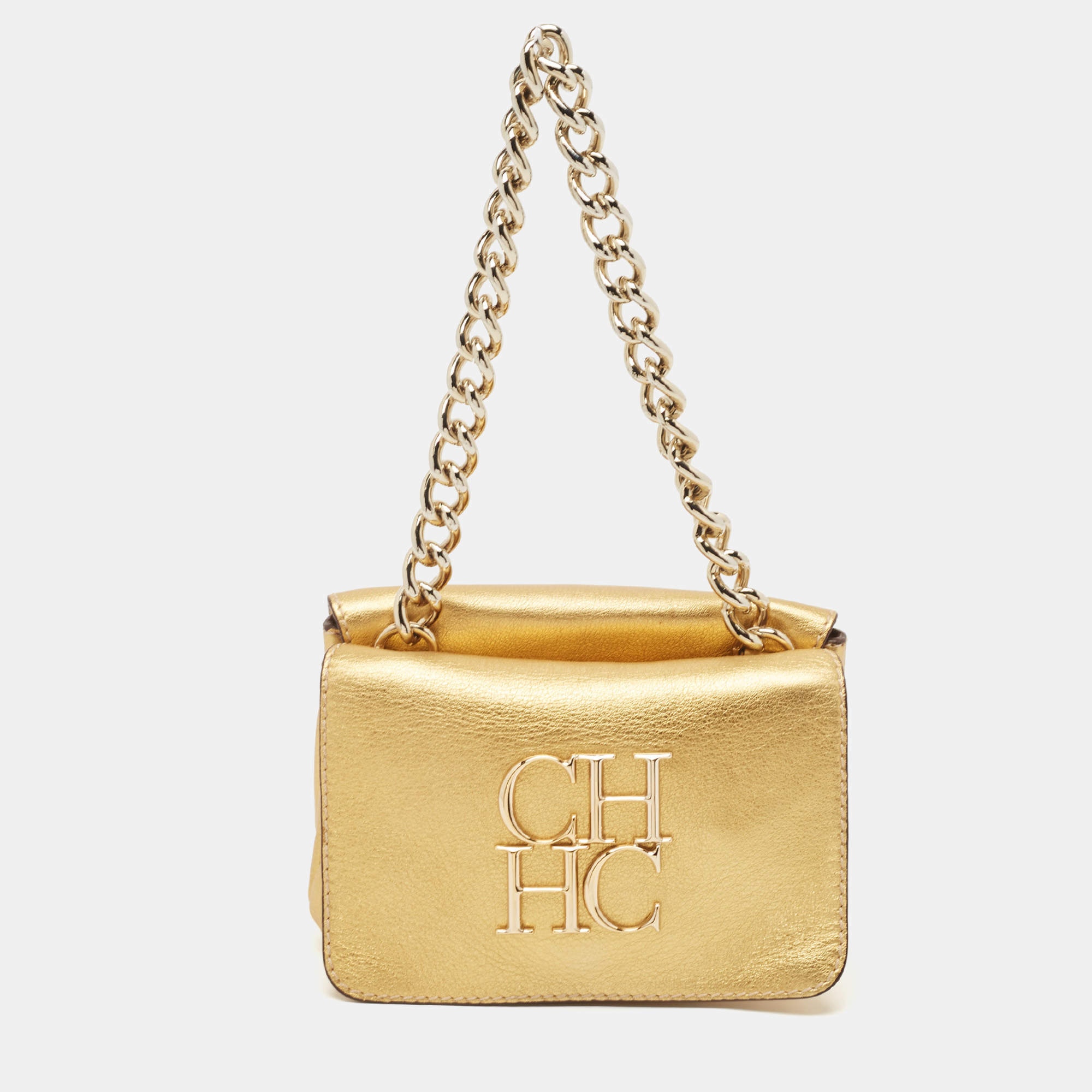Carolina Herrera Gold Leather Double Flap Chain Bag