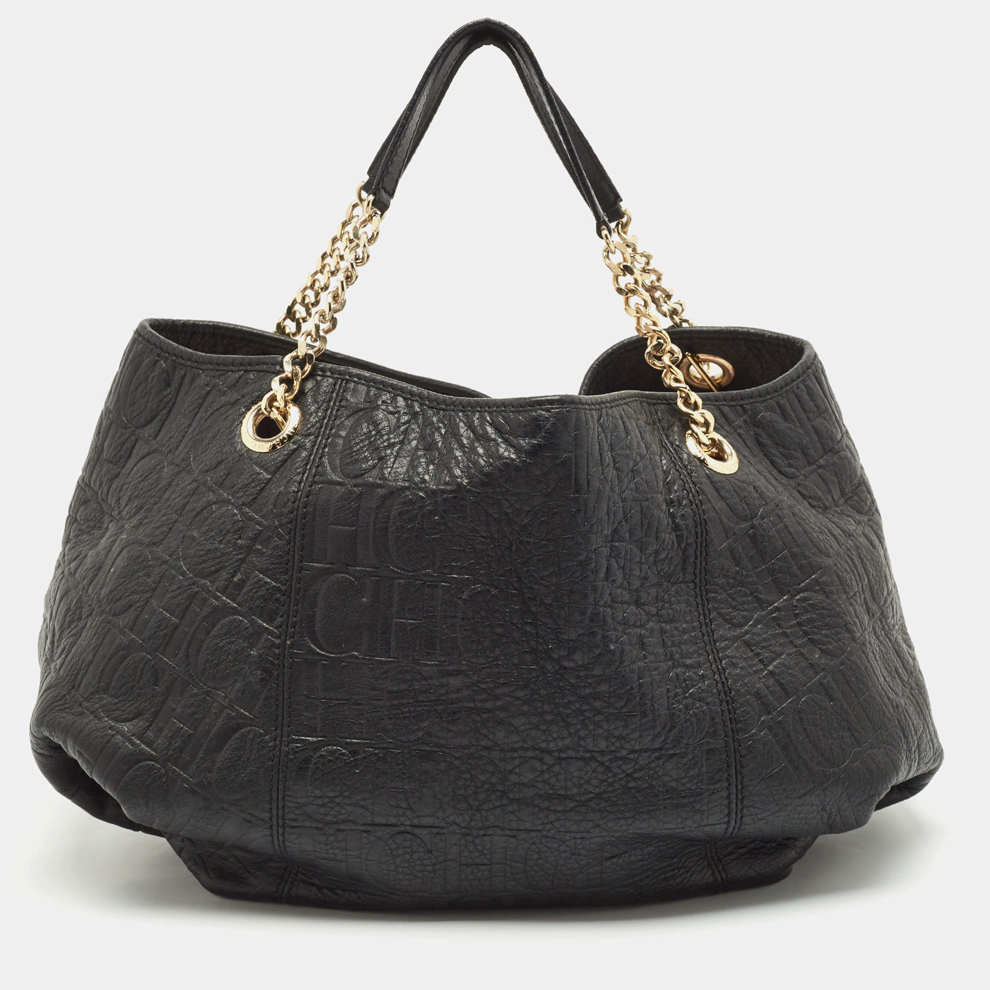 Carolina Herrera Black Monogram Embossed Leather Chain Hobo