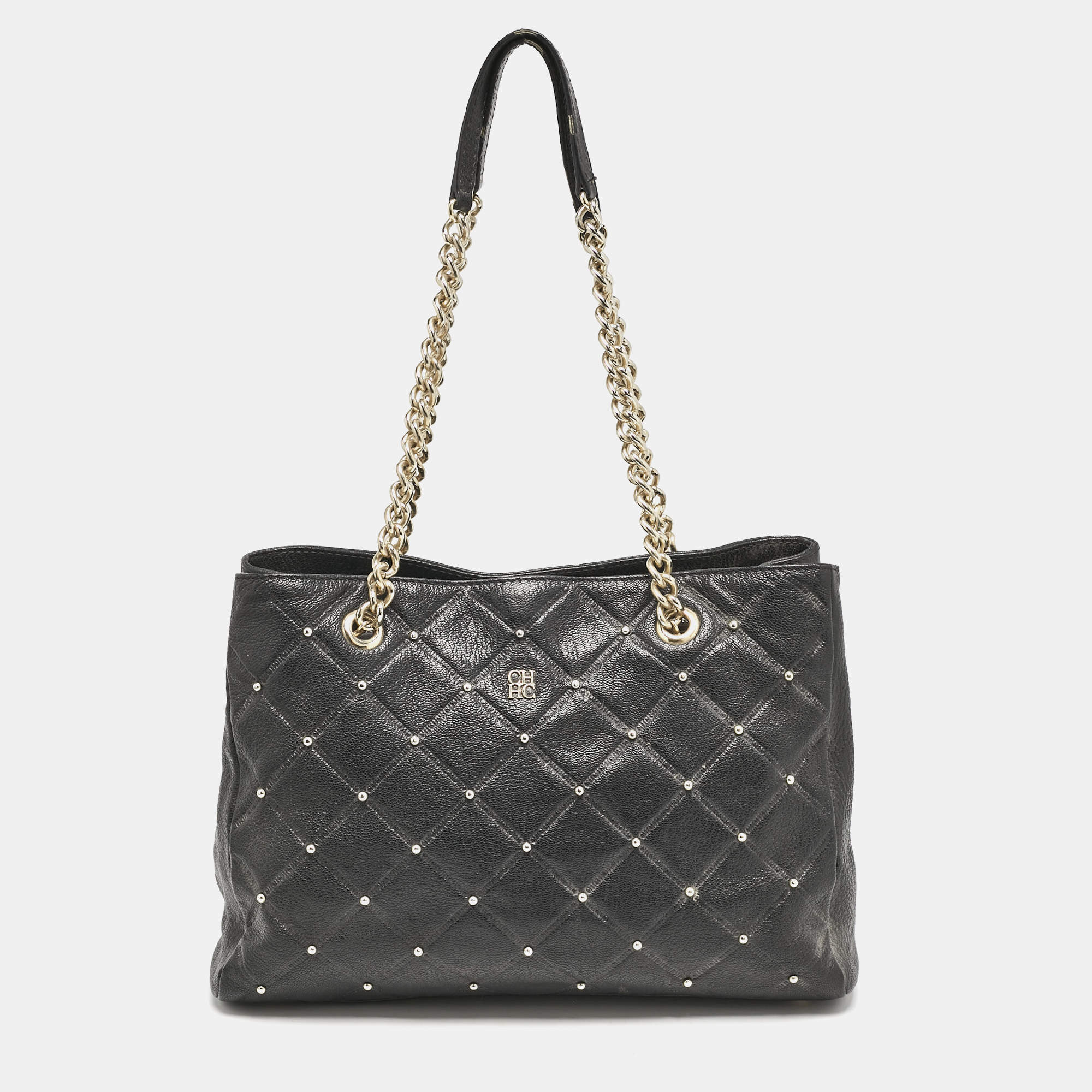 Carolina Herrera Black Logo Embossed Quilted Leather Studded Chain Tote
