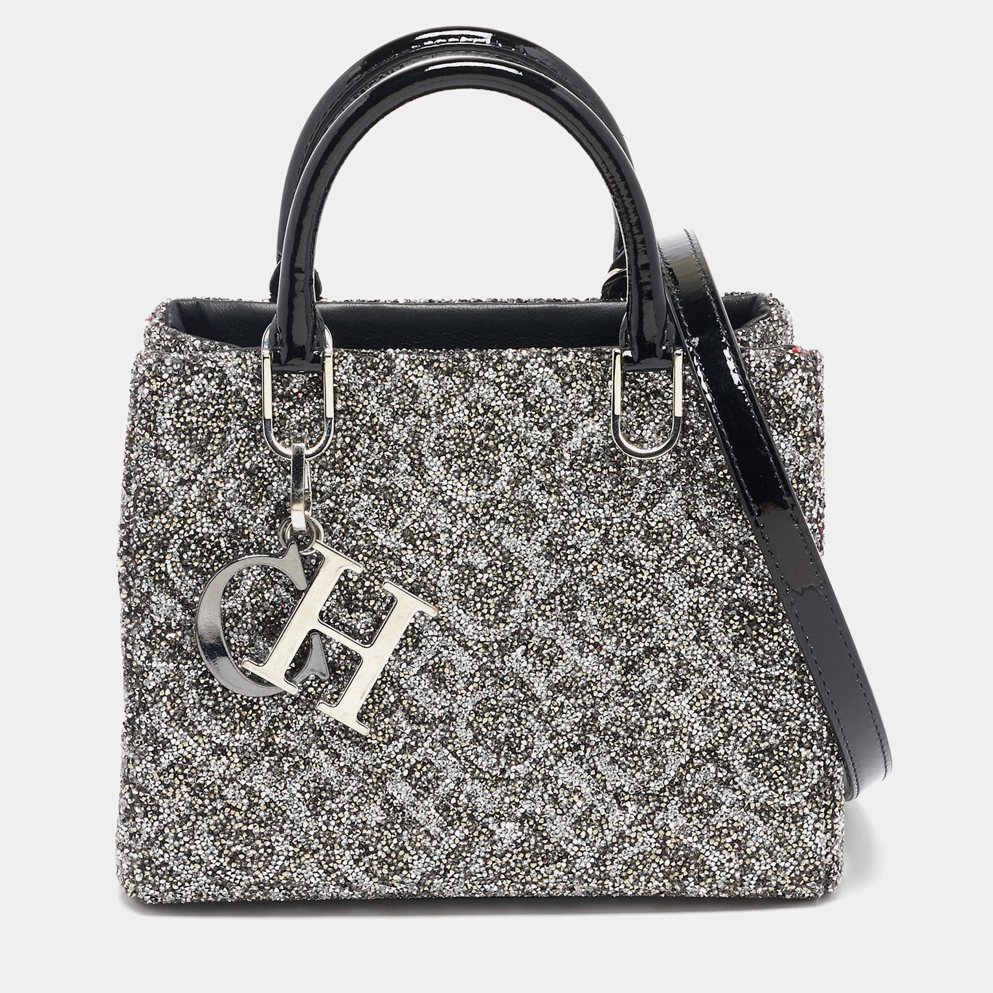 Pre Owned Carolina Herrera Grey Glitter and Patent Leather Mini Duchess Tote