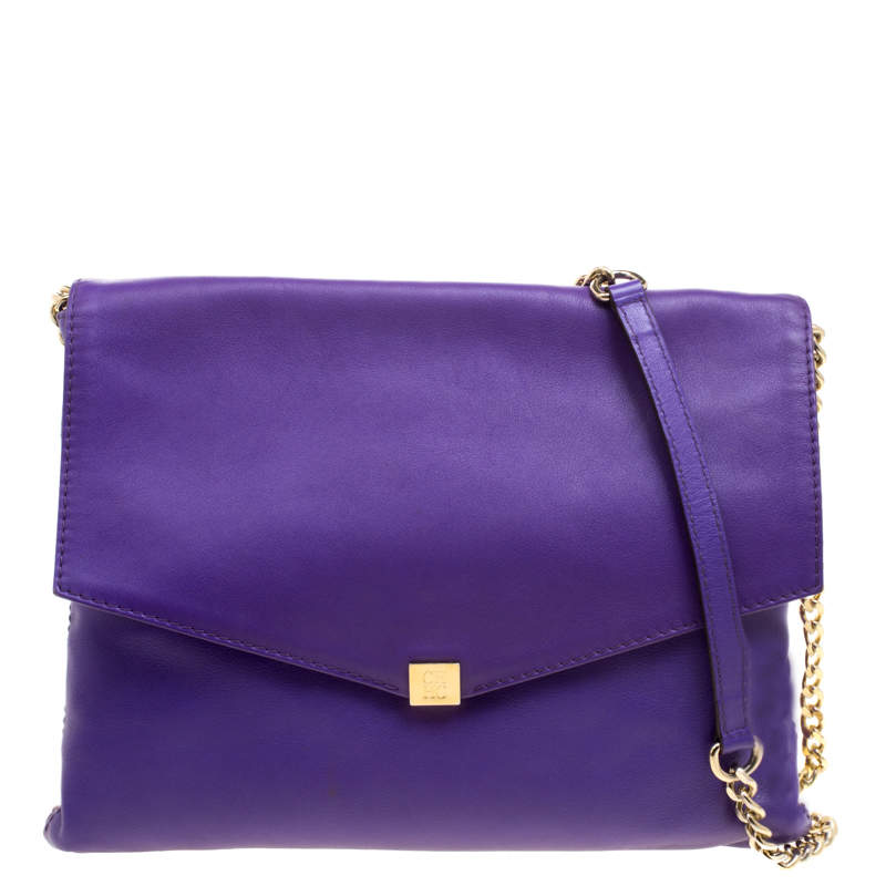 Pre Owned Carolina Herrera Purple Leather Envelope Shoulder Bag
