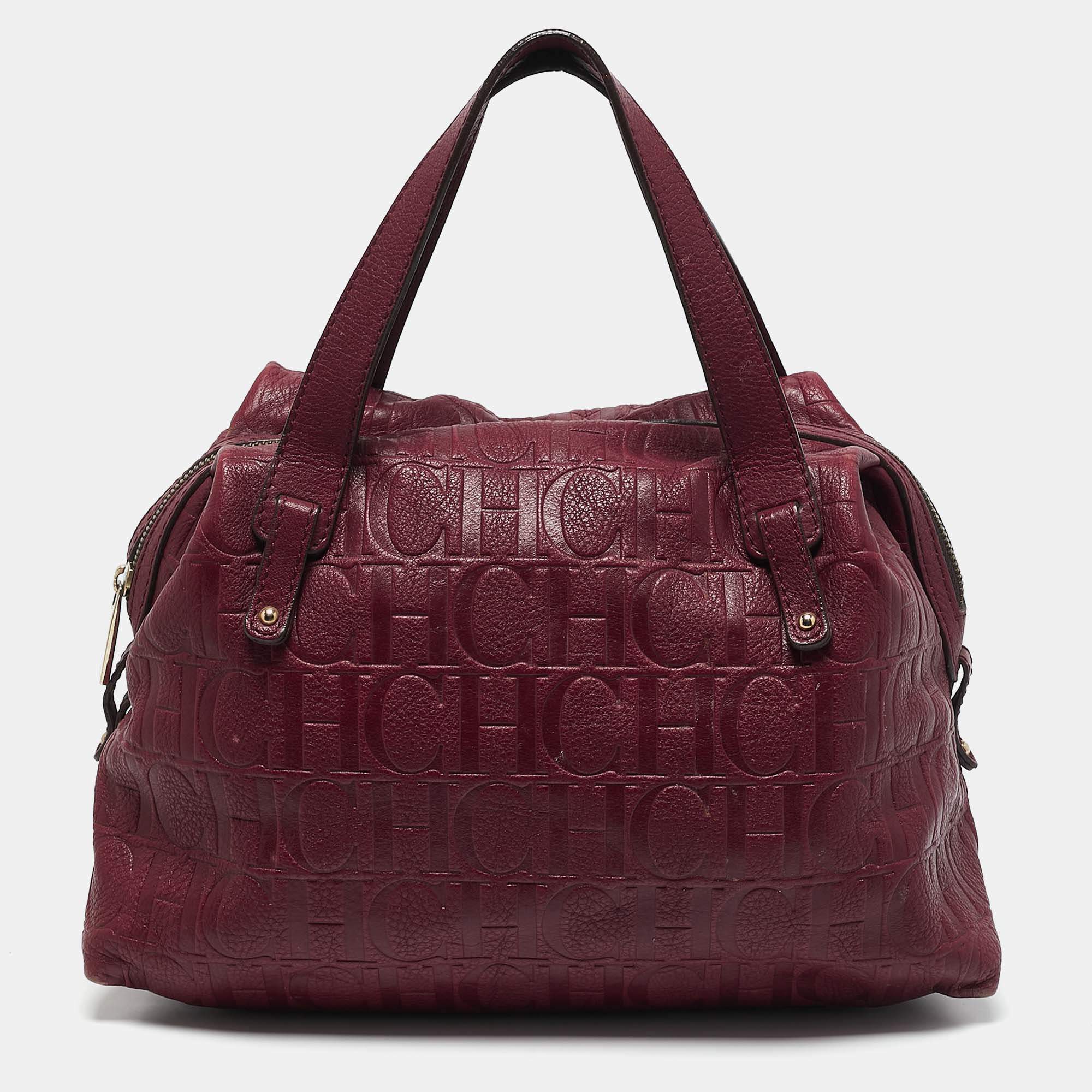 Carolina Herrera Burgundy Monogram Embossed Leather Zip Satchel