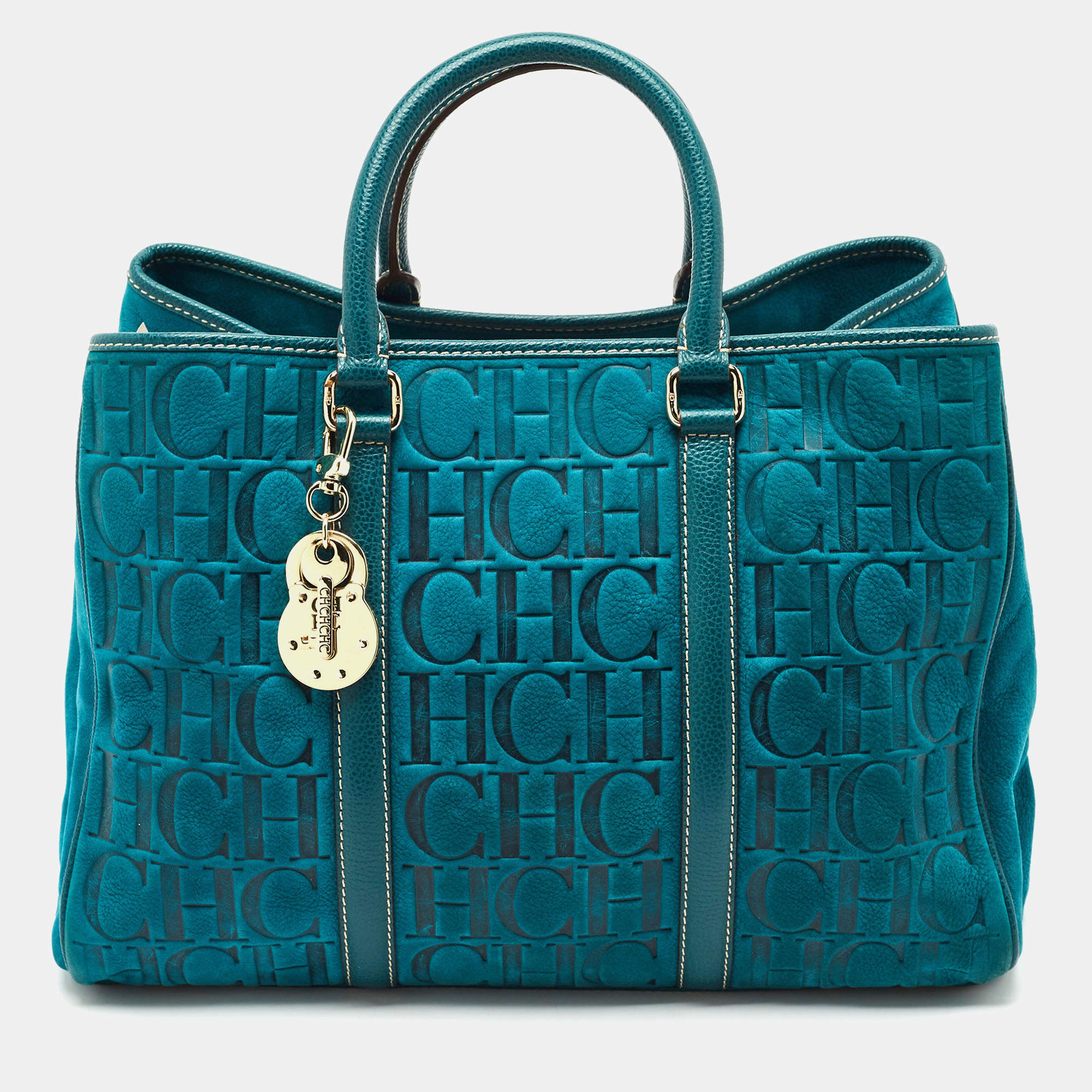 Pre Owned Carolina Herrera Teal Green Leather and Nubuck Matteo Tote